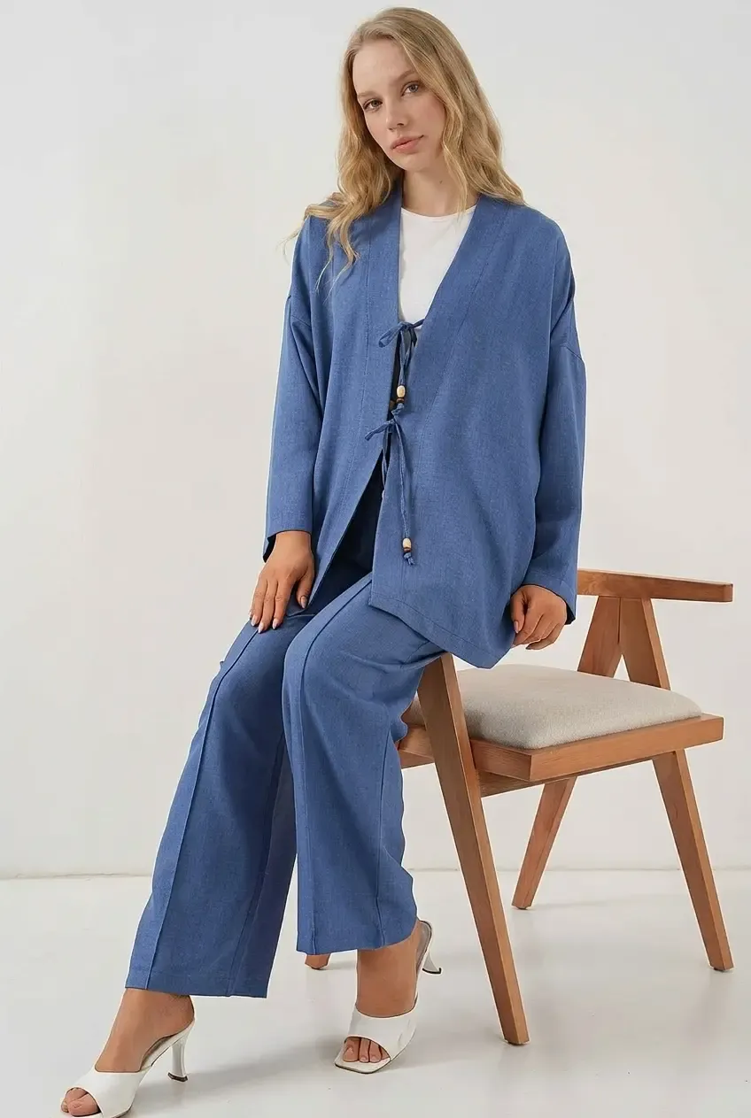 Kadın Lacivert Keten Bağlama Detaylı Kimono Pantolon İkili Takım HZL26S-BD167271