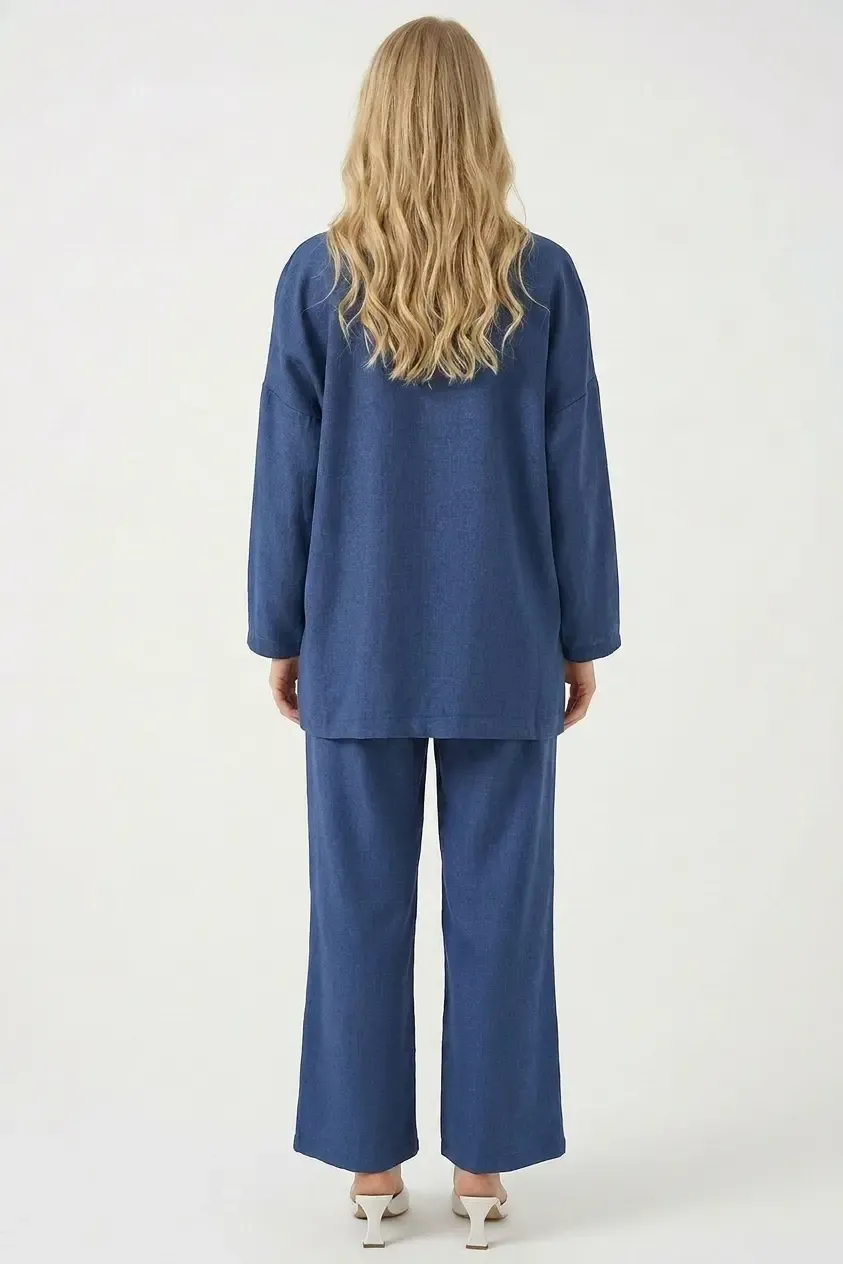 Kadın Lacivert Keten Bağlama Detaylı Kimono Pantolon İkili Takım HZL26S-BD167271