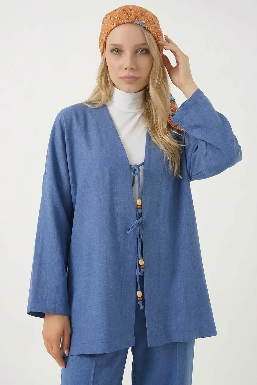 Kadın Lacivert Keten Bağlama Detaylı Kimono Pantolon İkili Takım HZL26S-BD167271