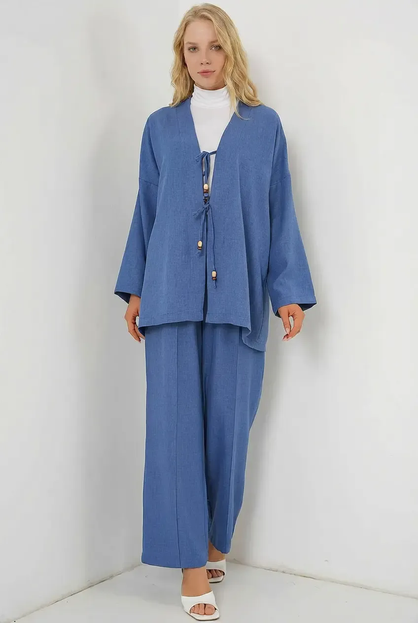 Kadın Lacivert Keten Bağlama Detaylı Kimono Pantolon İkili Takım HZL26S-BD167271
