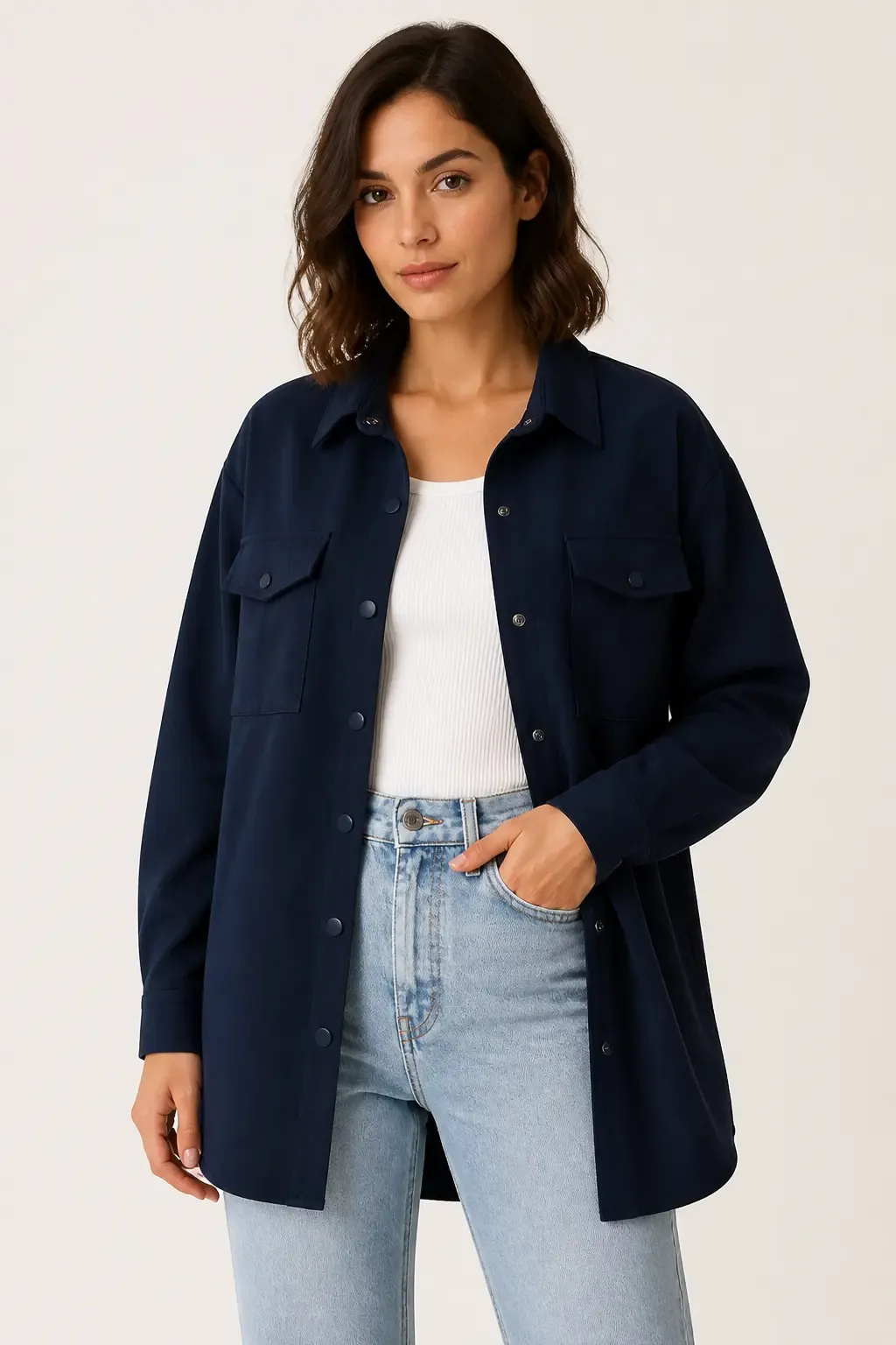 Kadın Lacivert Oversize Çıt Çıt Düğmeli Cep Detaylı Gömlek Ceket HZL23W-BD1201941