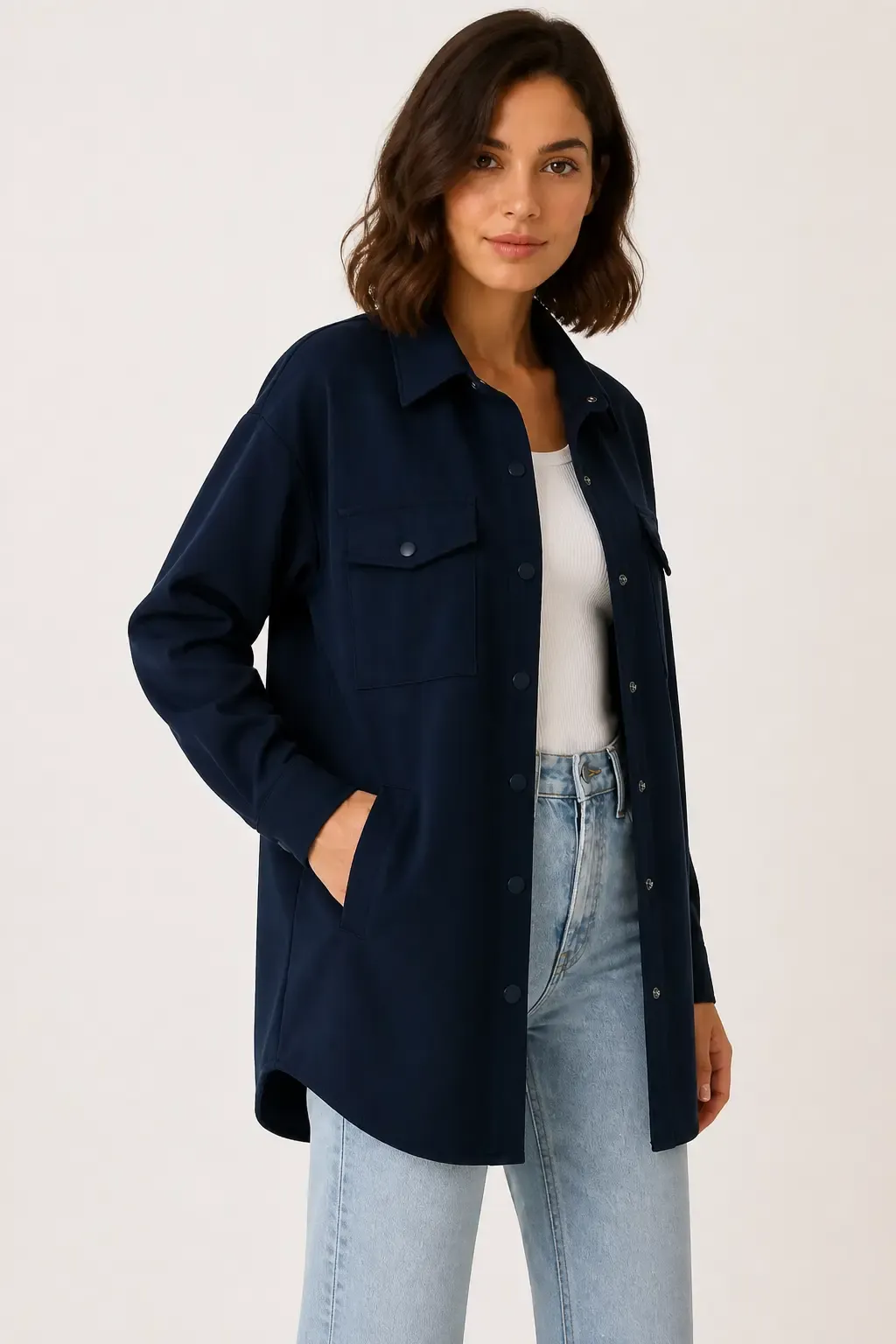 Kadın Lacivert Oversize Çıt Çıt Düğmeli Cep Detaylı Gömlek Ceket HZL23W-BD1201941