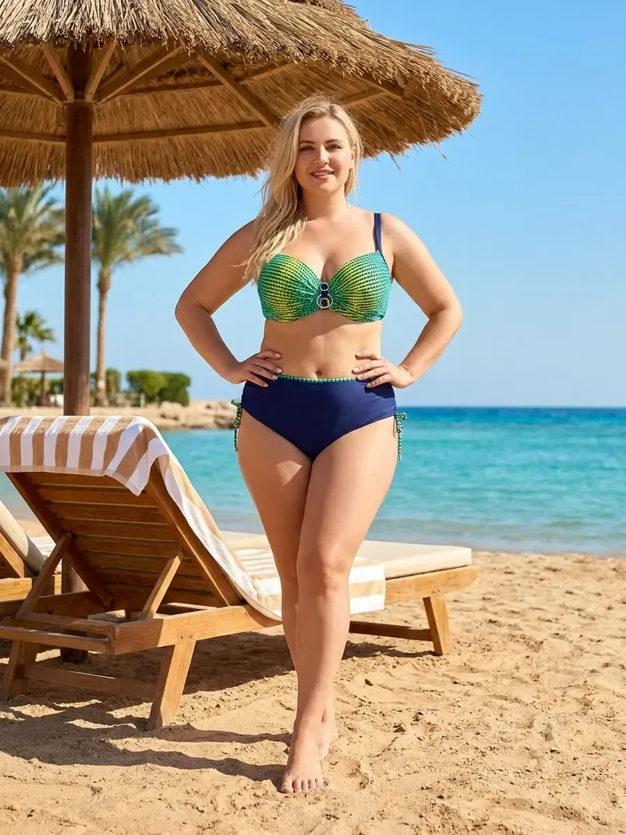 Kadın Lacivert Sarı Desenli Aksesuar Detaylı Bikini Takımı HZL26S-LC713048