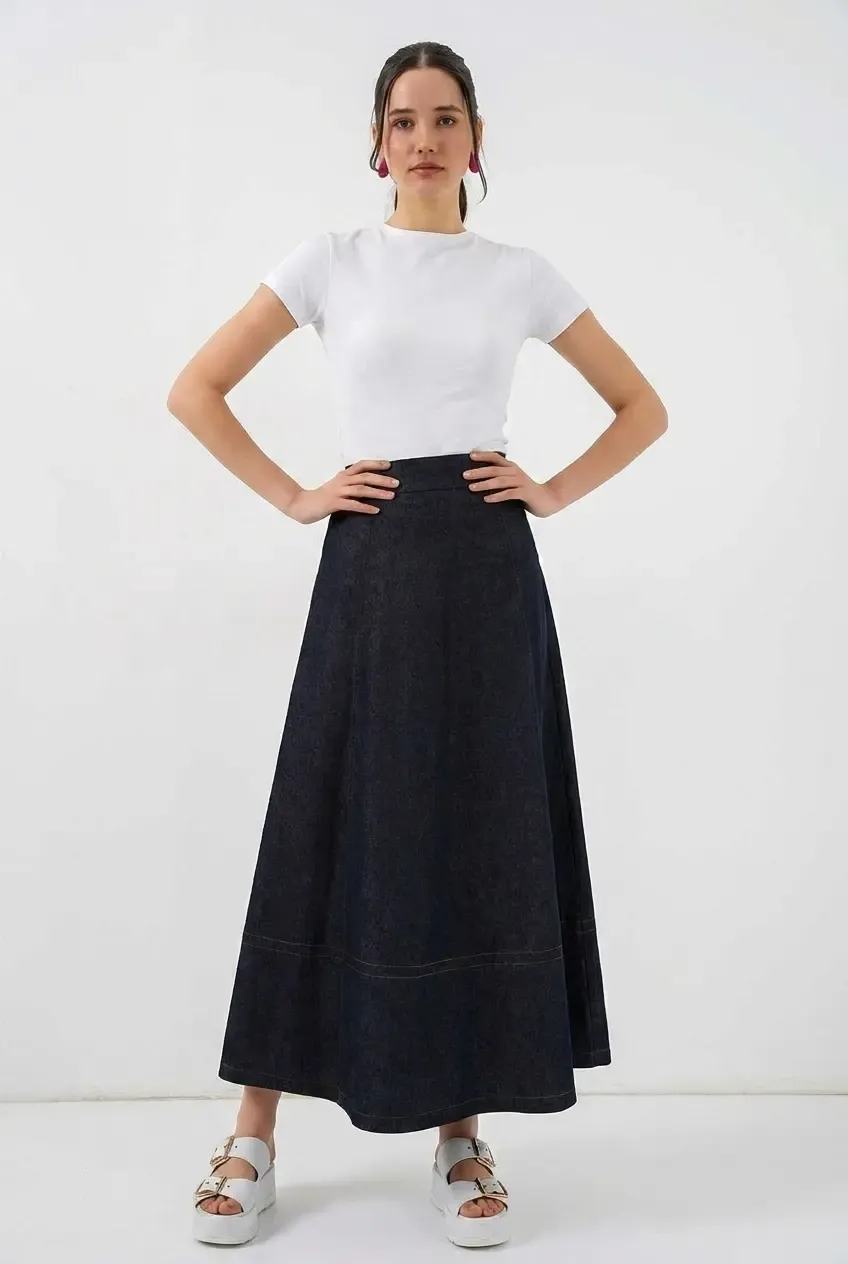 Kadın Lacivert Yüksel Bel Uzun Jean Etek HZL26W-BD180661