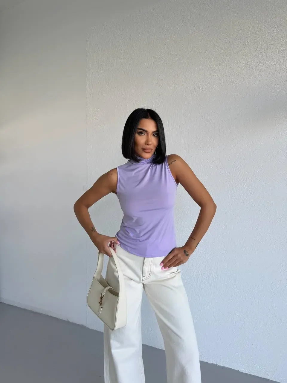 Kadın Lila Balıkçı Yaka Sıfır Kol Sandy Crop Bluz HZL26S-FRY123931