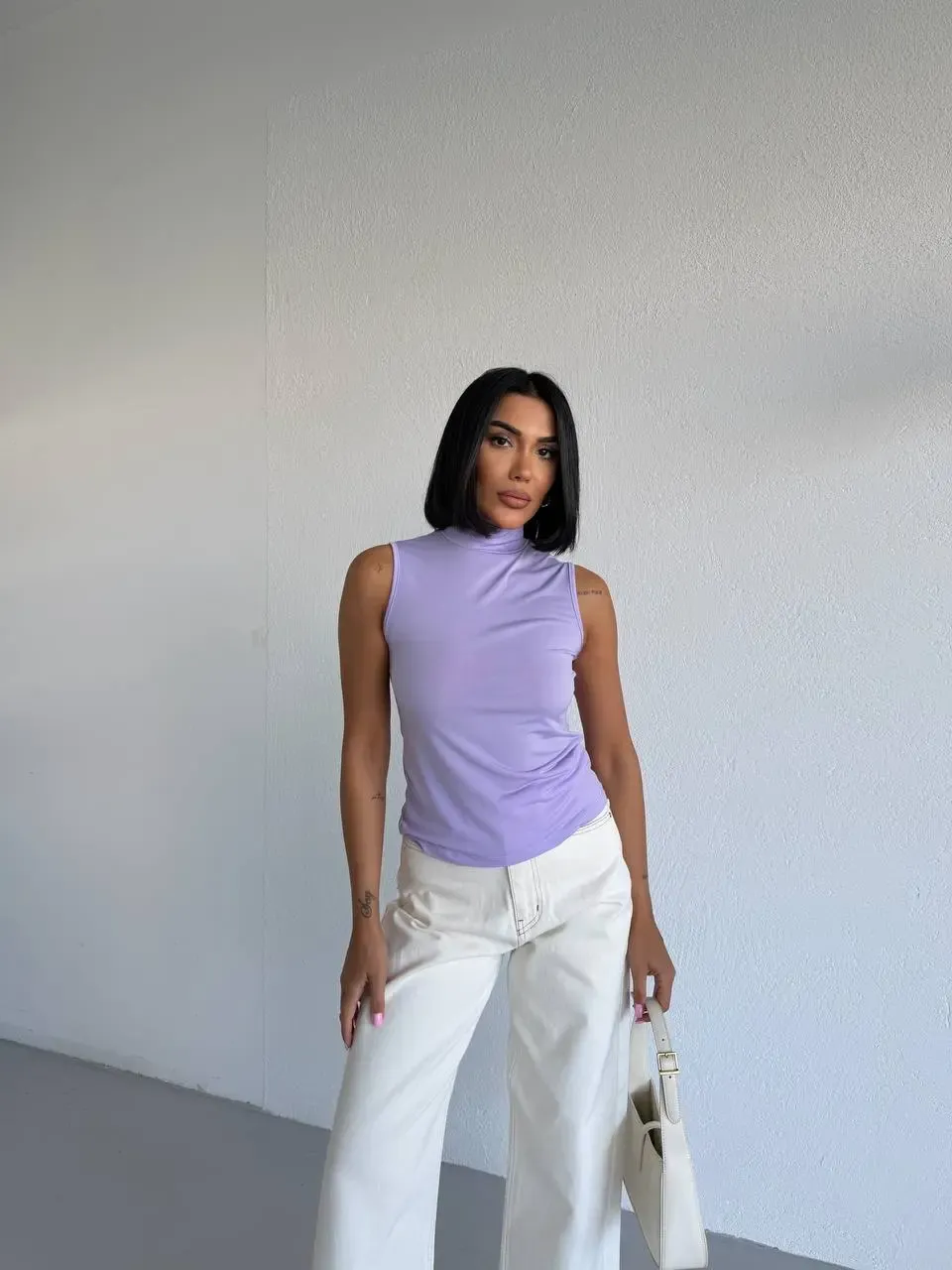 Kadın Lila Balıkçı Yaka Sıfır Kol Sandy Crop Bluz HZL26S-FRY123931
