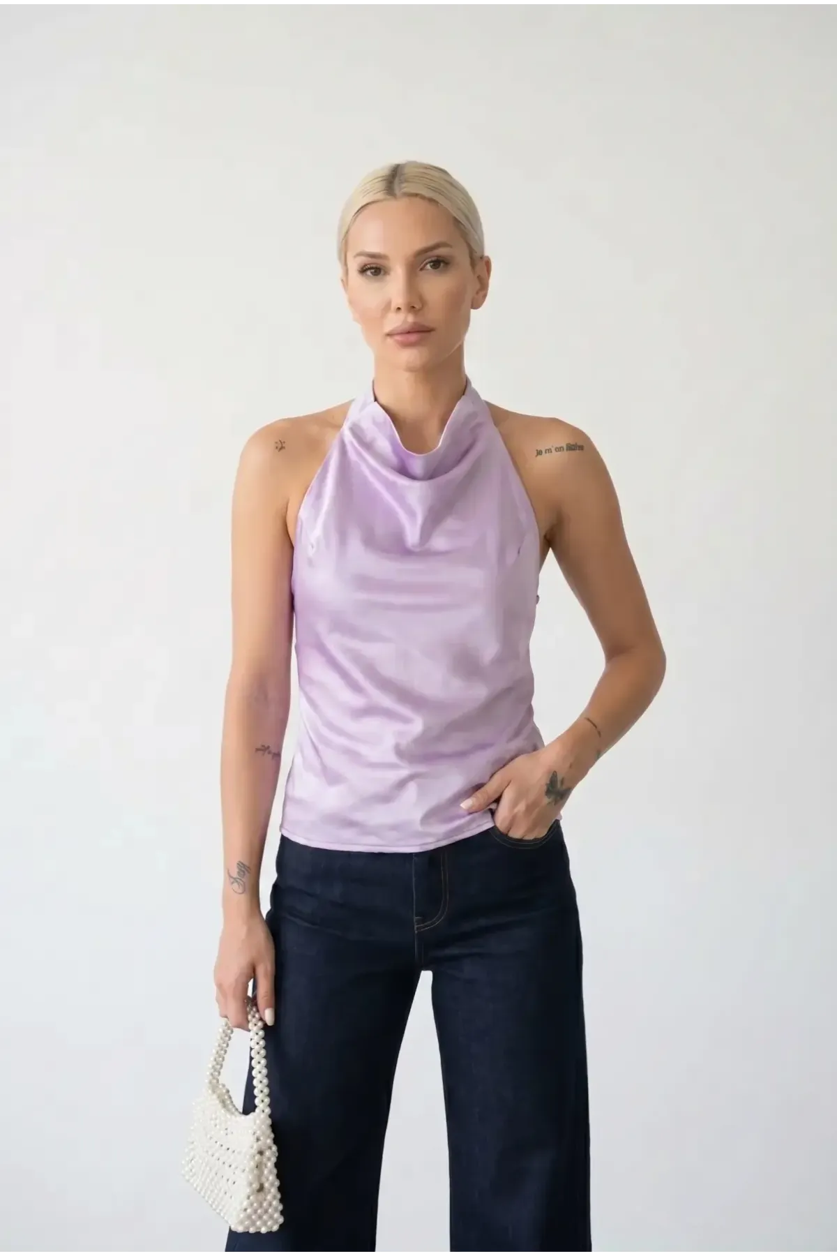 Kadın Lila Halter Yaka Saten Kumaş Sırt Dekolteli Bluz HZL26W-FRY123801