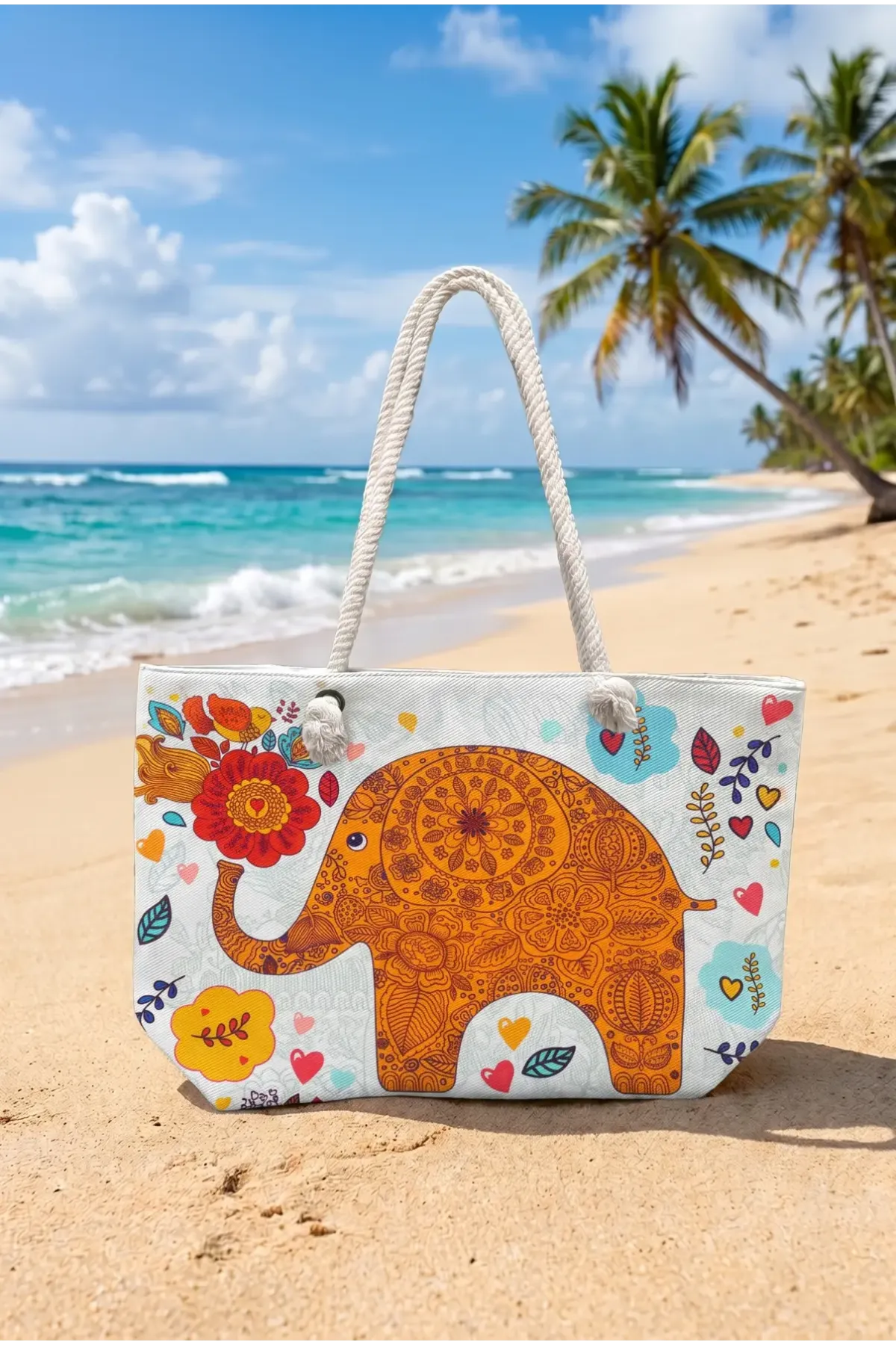 Kadın Mandala Elephant Baskı Büyük Boy Plaj Çantası HZL26S-TT01