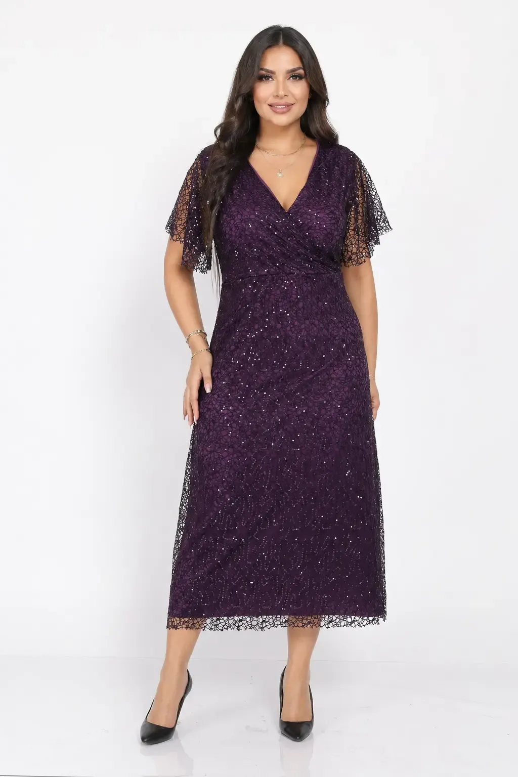 Kadın Mor Büyük Beden Kruvaze Yaka Payetli Abiye Elbise HZL26S-PR11171