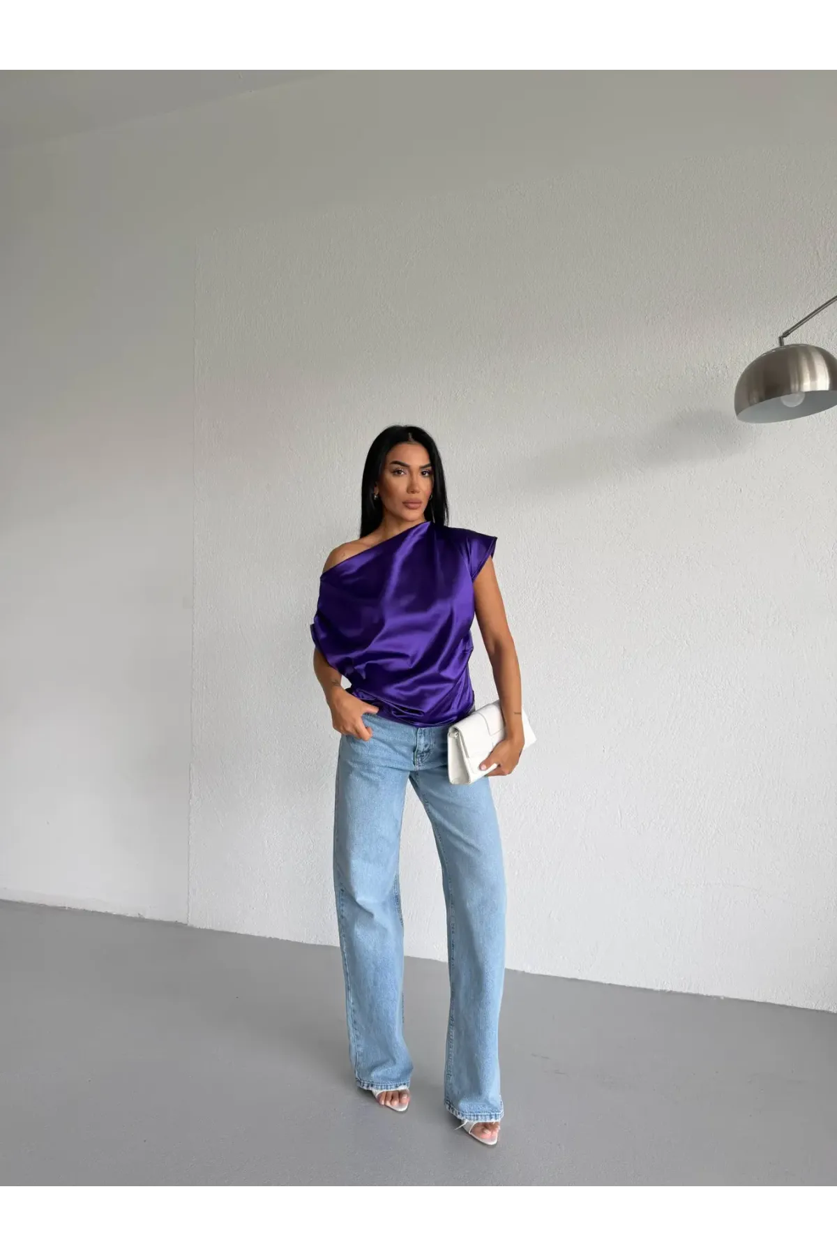 Kadın Mor Tek Omuz Asimetrik Kesim Saten Bluz HZL26W-FRY121171