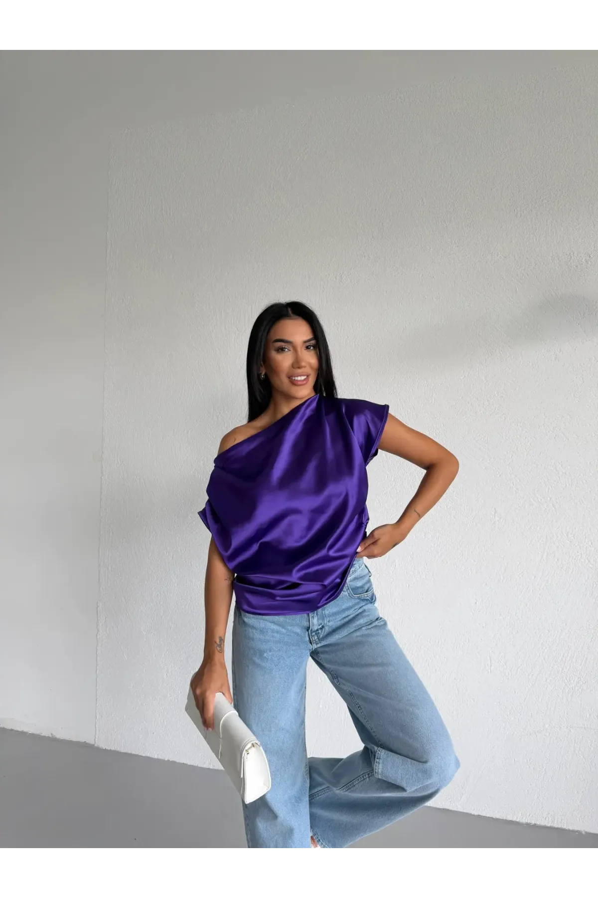 Kadın Mor Tek Omuz Asimetrik Kesim Saten Bluz HZL26W-FRY121171
