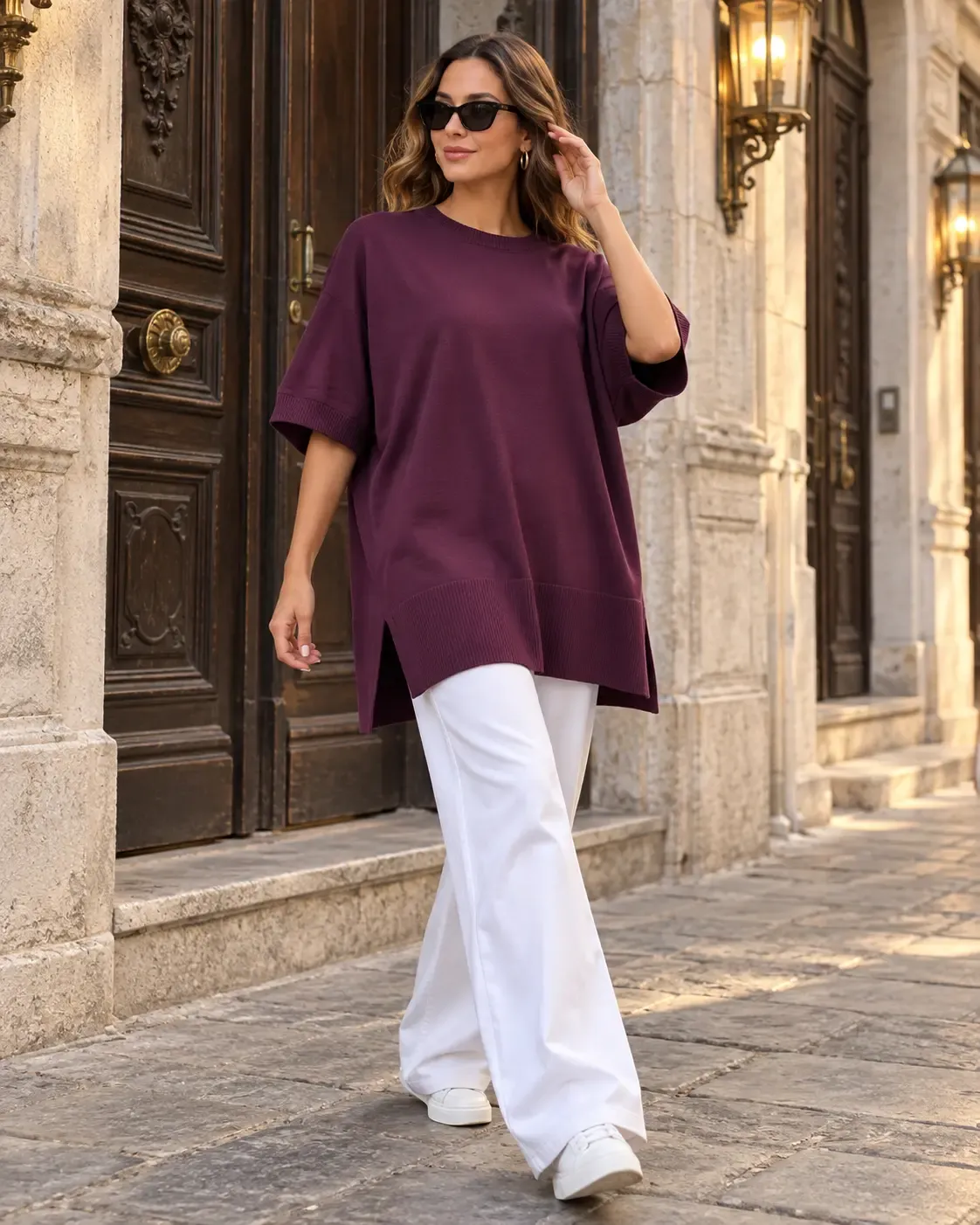Kadın Mürdüm Oversize Yandan Yırtmaçlı Uzun Yumuşak Dokulu Triko Kazak HZL28W-WM3390