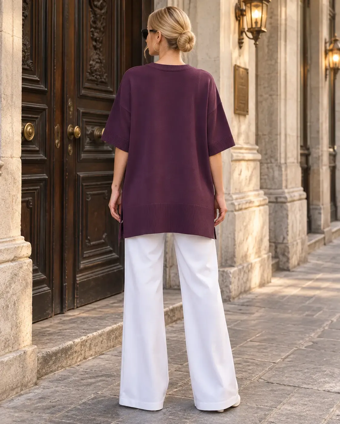 Kadın Mürdüm Oversize Yandan Yırtmaçlı Uzun Yumuşak Dokulu Triko Kazak HZL28W-WM3390