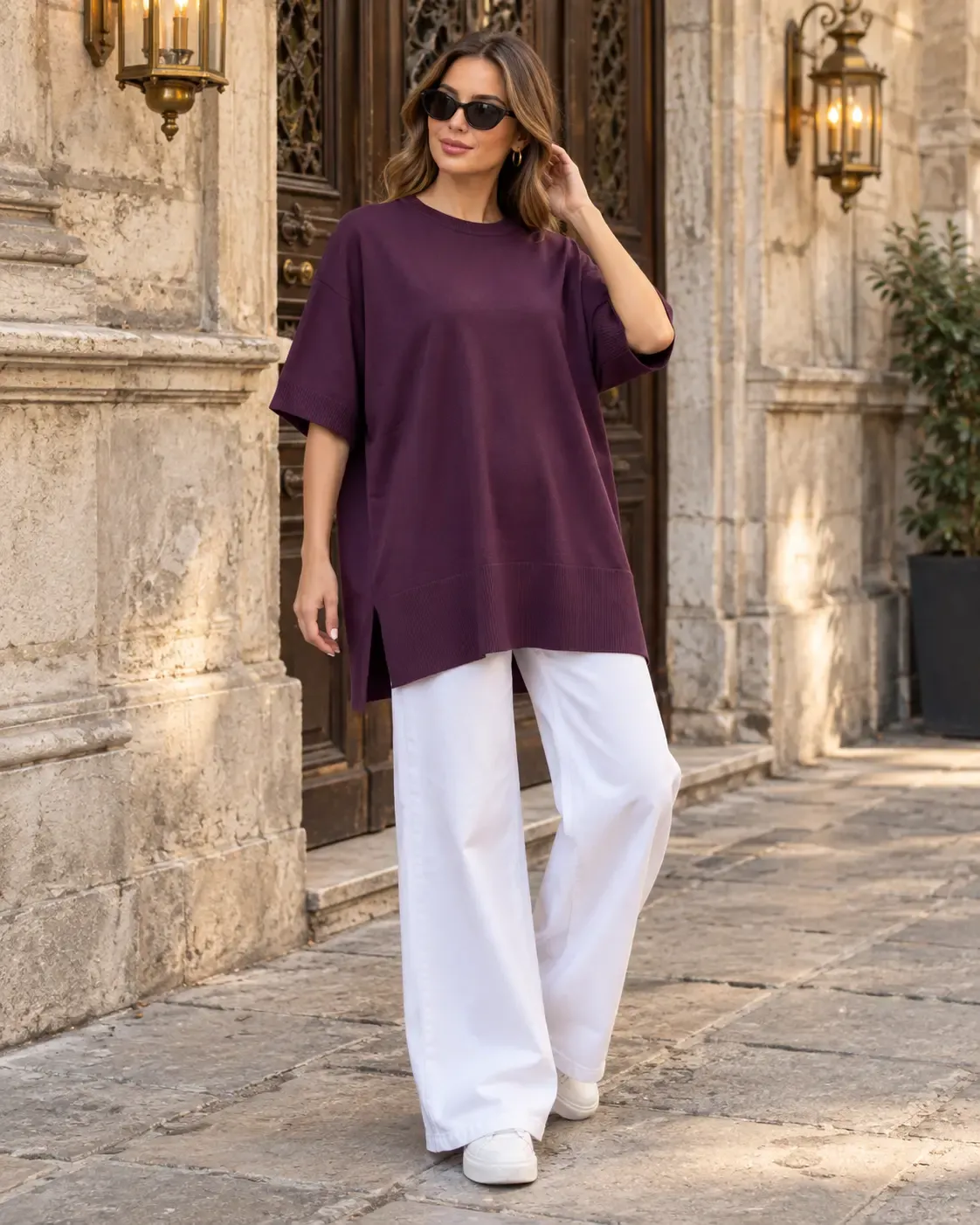 Kadın Mürdüm Oversize Yandan Yırtmaçlı Uzun Yumuşak Dokulu Triko Kazak HZL28W-WM3390