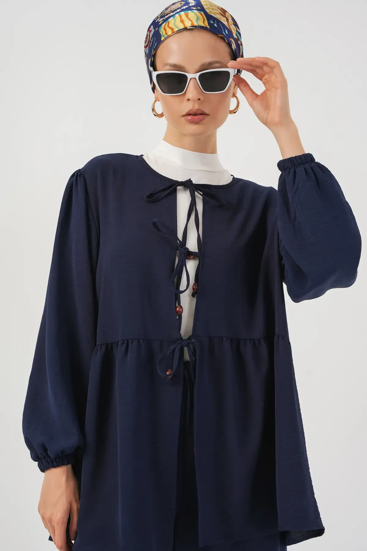 Kadın Önü Bağcıklı Tunik Pantolon İkili Takım 6744 - Lacivert