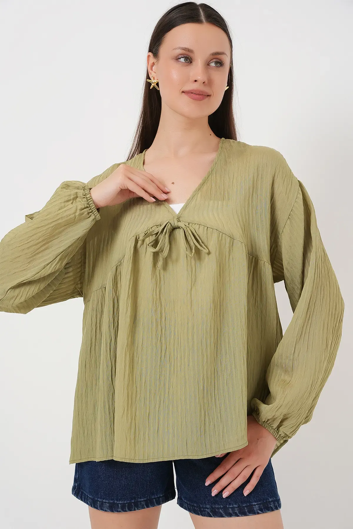 Kadın Önü Bağcıklı Uzun Kol Bluz 946 - Çağla