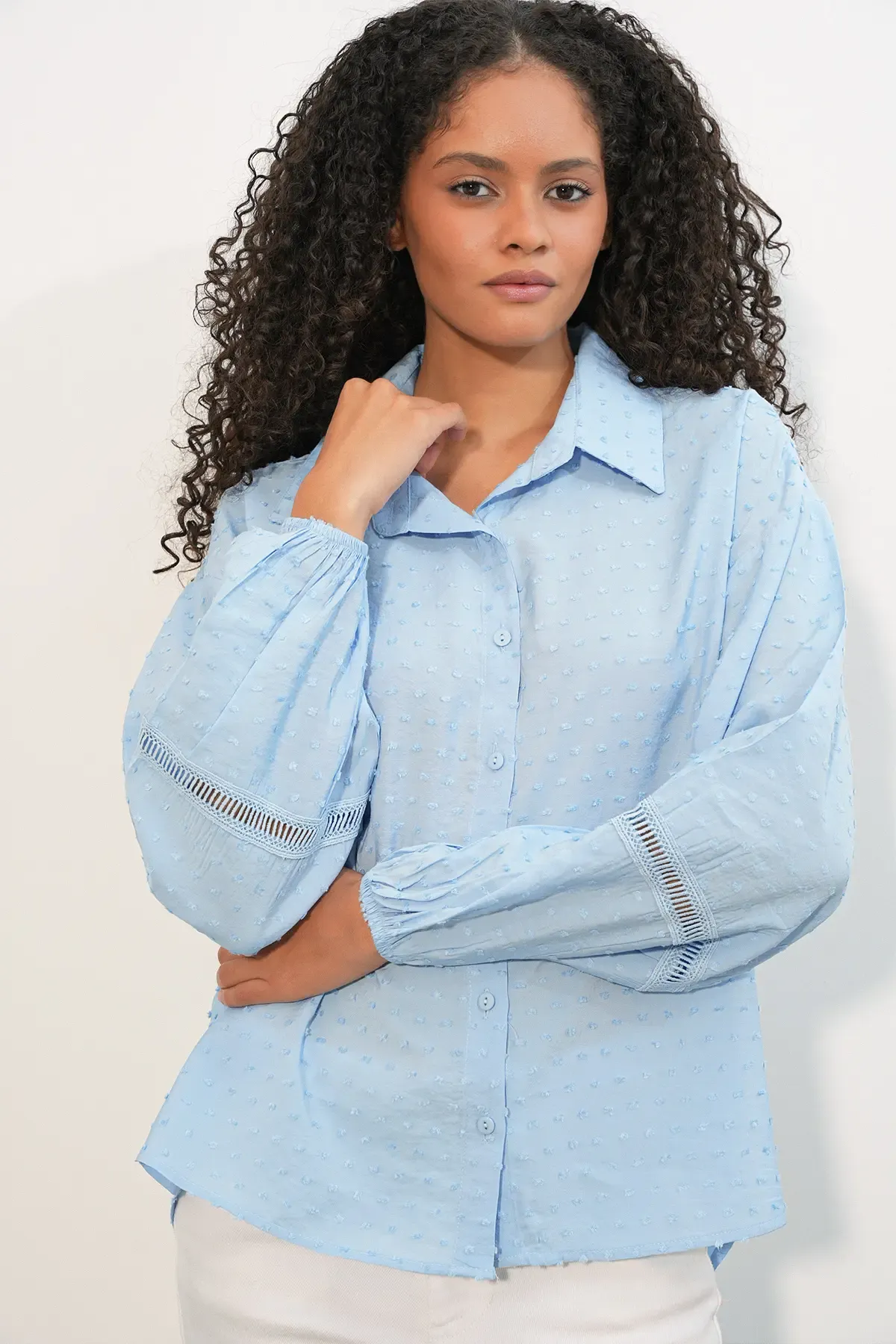 Kadın Oversize Desenli Gömlek 20379 - Mavi