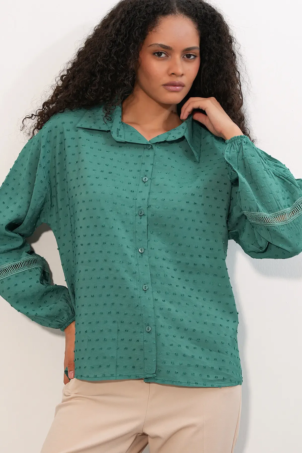 Kadın Oversize Desenli Gömlek 20379 - Zümrüt Yeşili