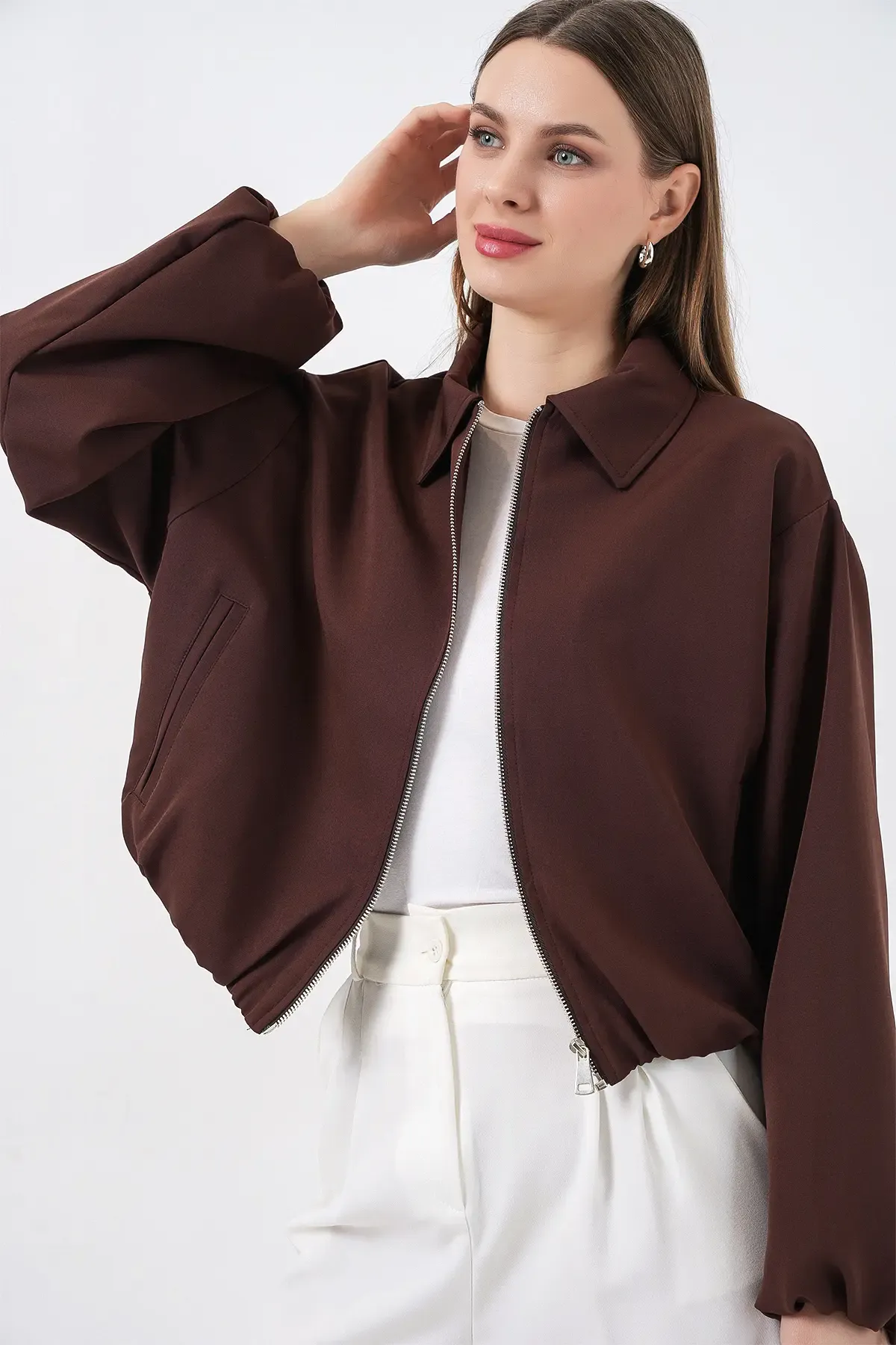 Kadın Oversize Fermuarlı Ceket 0735 - Kahverengi