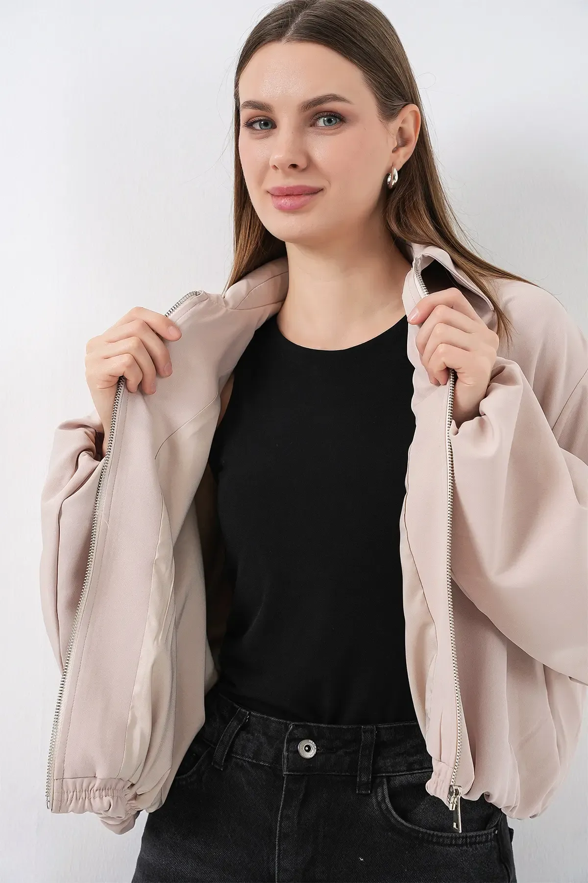 Kadın Oversize Fermuarlı Ceket 0735 - Krem