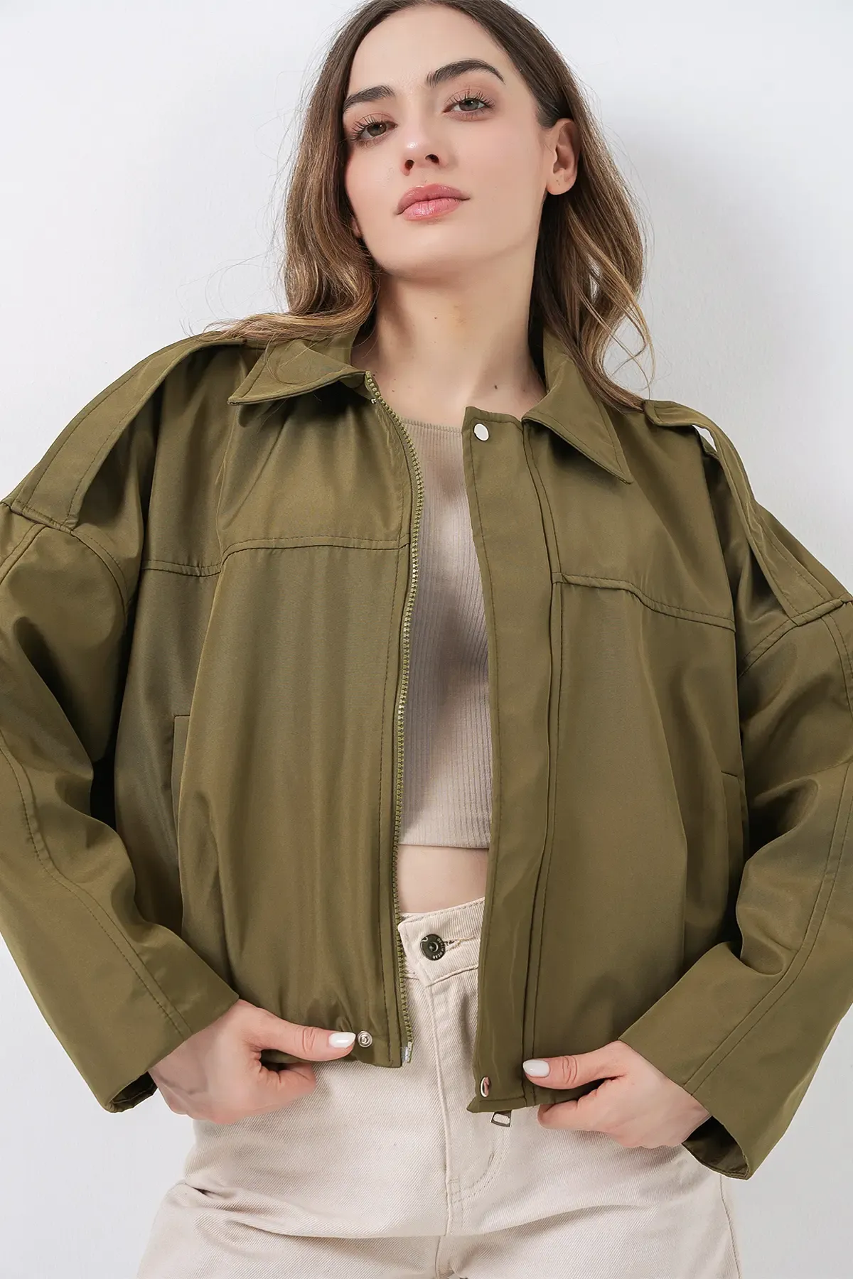 Kadın Oversize Kısa Ceket 0732 - Haki