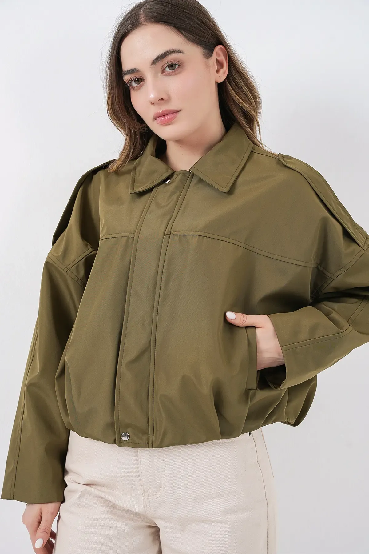 Kadın Oversize Kısa Ceket 0732 - Haki