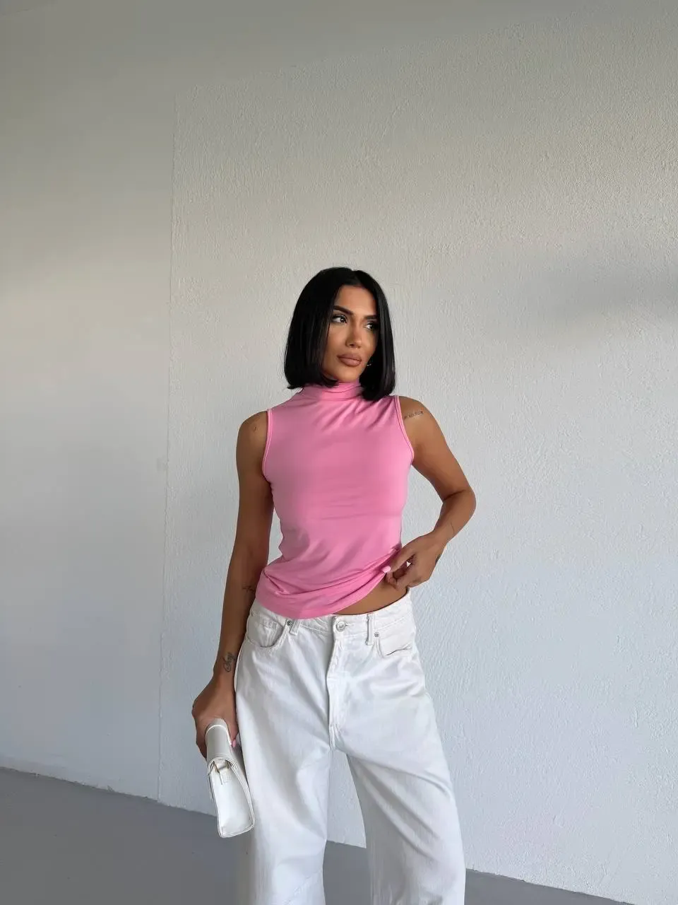 Kadın Pembe Balıkçı Yaka Sıfır Kol Sandy Crop Bluz HZL26S-FRY123931