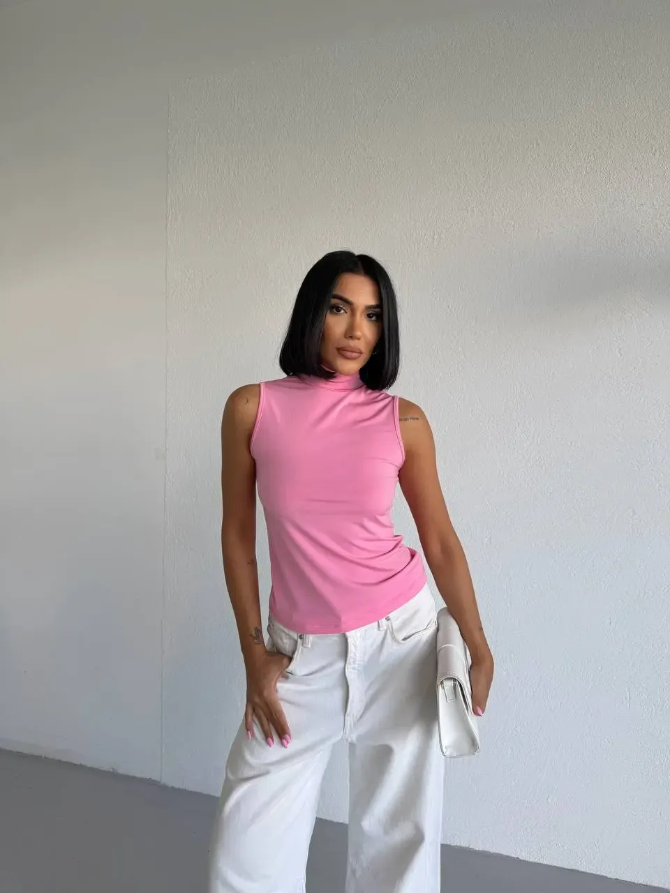 Kadın Pembe Balıkçı Yaka Sıfır Kol Sandy Crop Bluz HZL26S-FRY123931