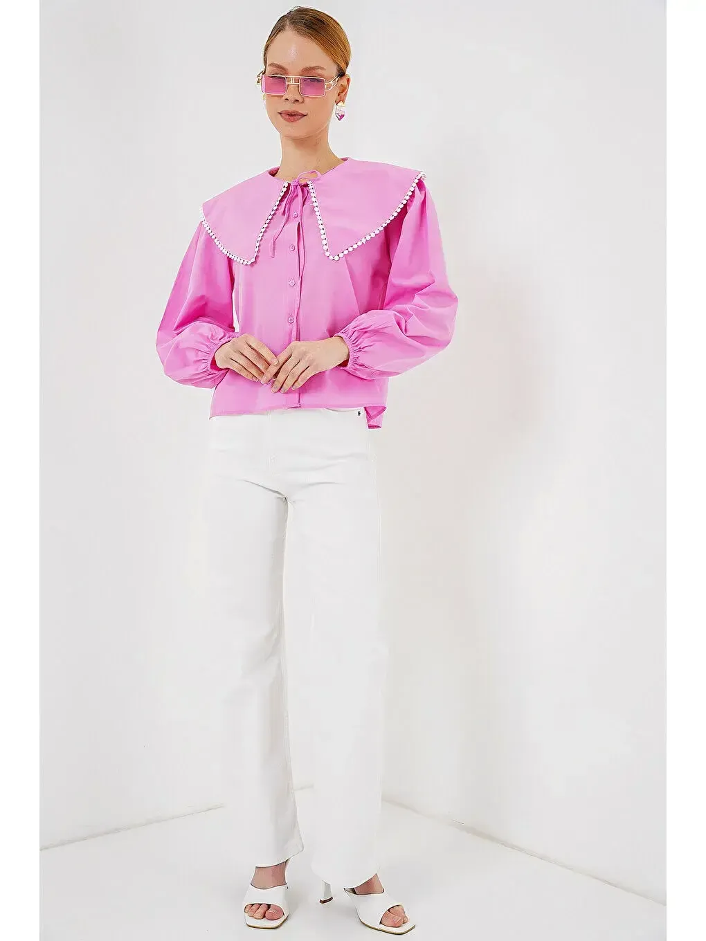 Kadın Pembe Bebe Yaka Düğmeli Şık Günlük Gömlek HZL26S-BD1203141