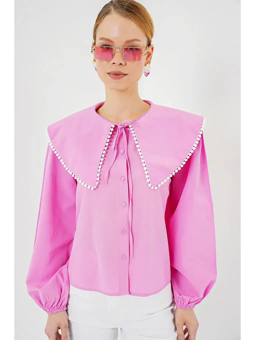Kadın Pembe Bebe Yaka Düğmeli Şık Günlük Gömlek HZL26S-BD1203141