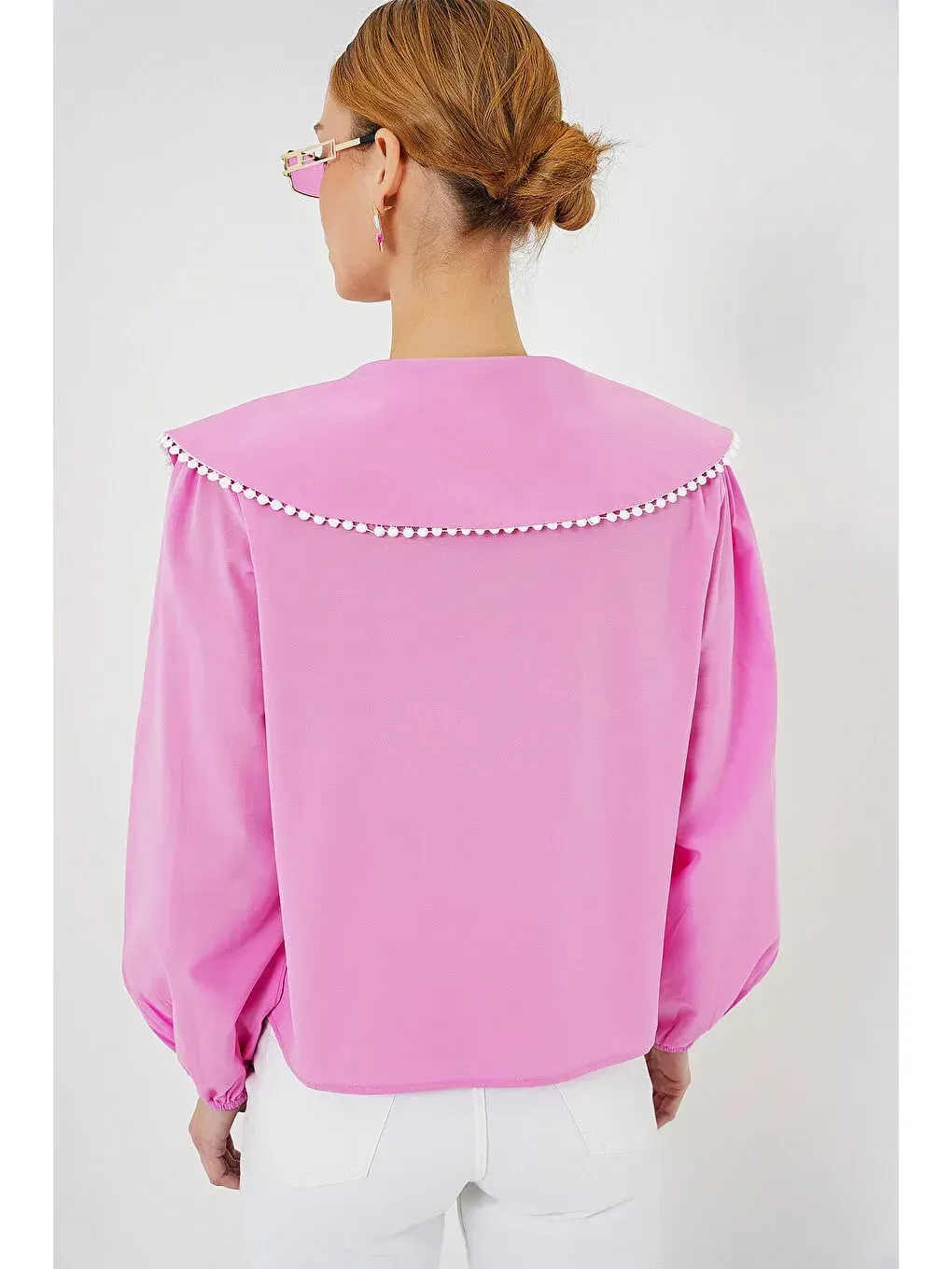 Kadın Pembe Bebe Yaka Düğmeli Şık Günlük Gömlek HZL26S-BD1203141