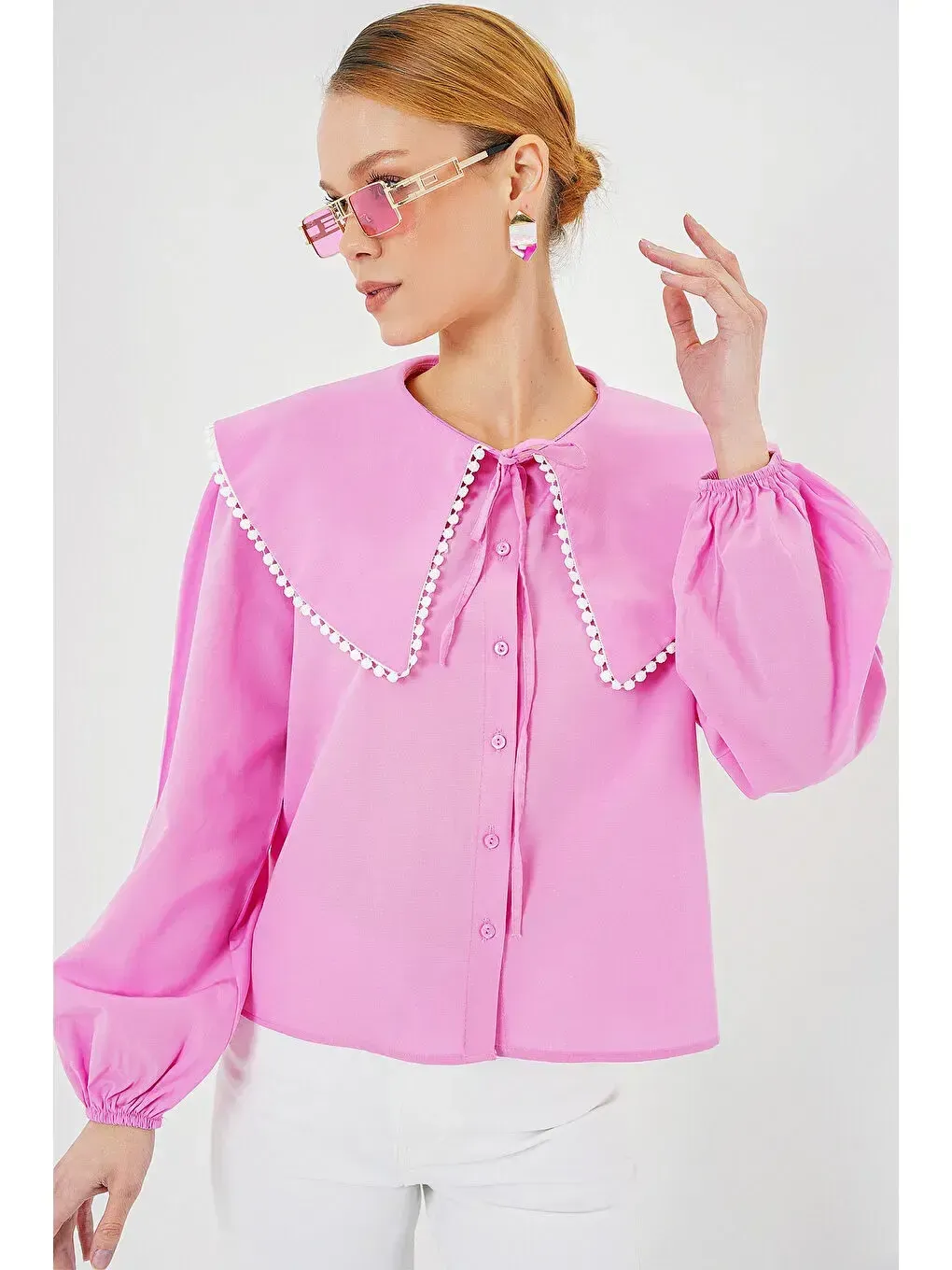 Kadın Pembe Bebe Yaka Düğmeli Şık Günlük Gömlek HZL26S-BD1203141