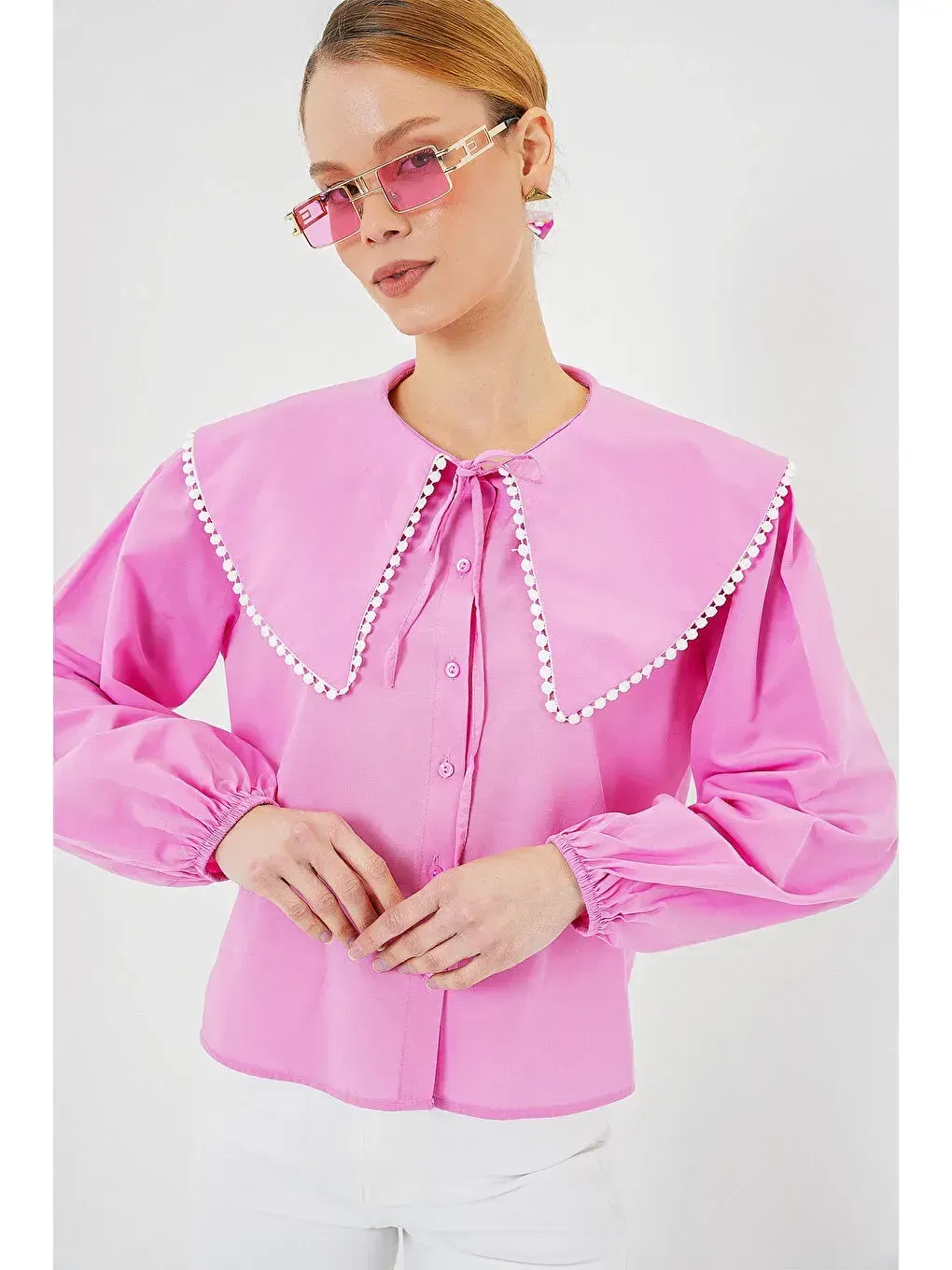 Kadın Pembe Bebe Yaka Düğmeli Şık Günlük Gömlek HZL26S-BD1203141