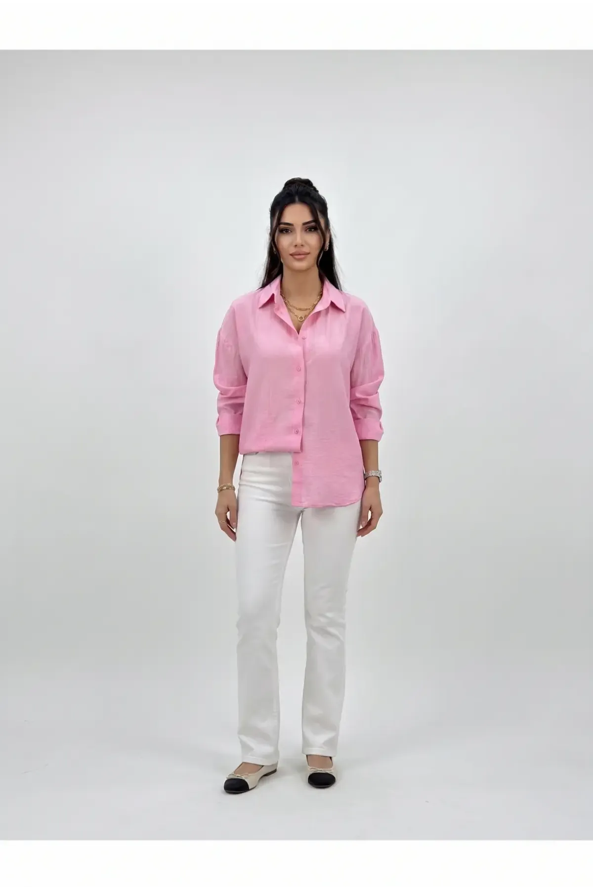Kadın Pembe Büyük Beden Desenli Çilek Kumaş Gömlek HZL26S-ZSS111311