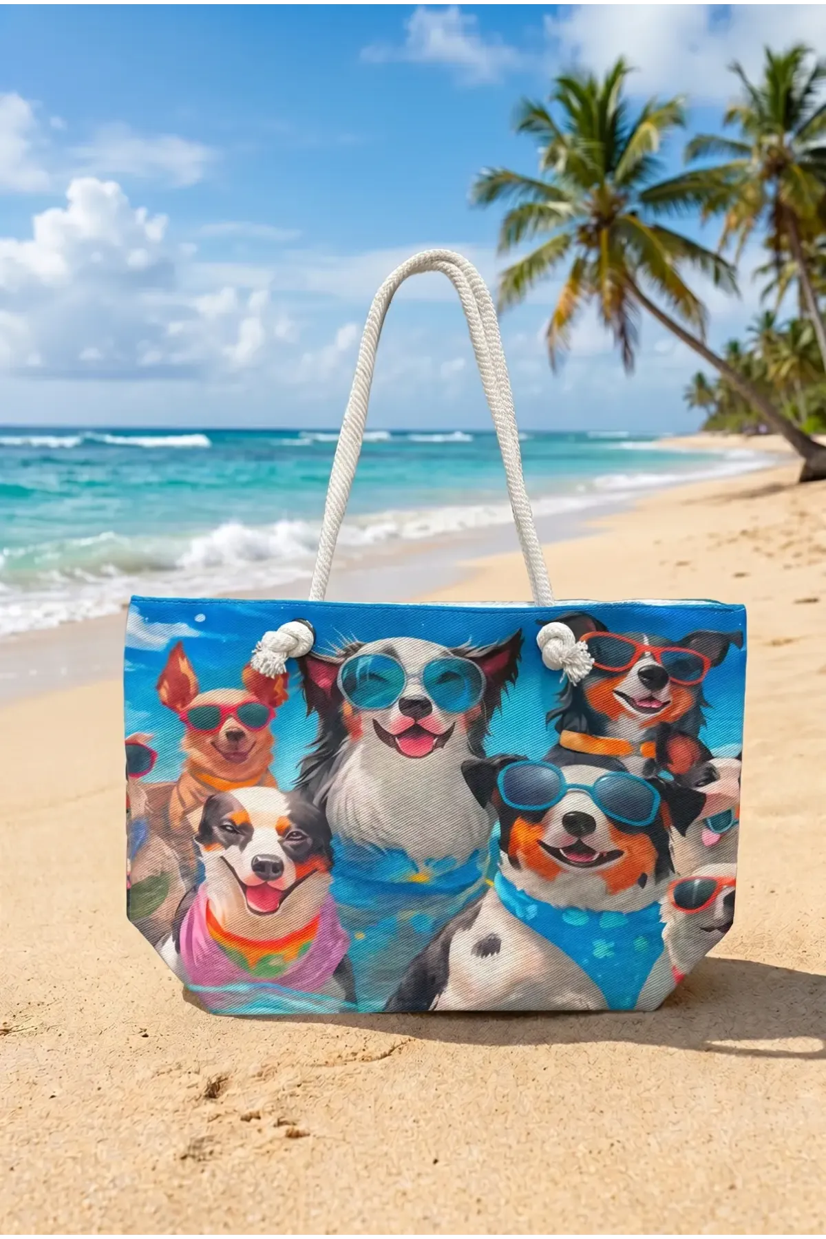 Kadın Renkli Köpek Desenli Büyük Boy Plaj Çantası HZL26S-TT01