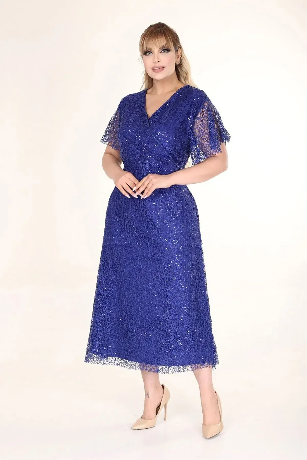 Kadın Saks Mavi Büyük Beden Kruvaze Yaka Payetli Abiye Elbise HZL26S-PR11171