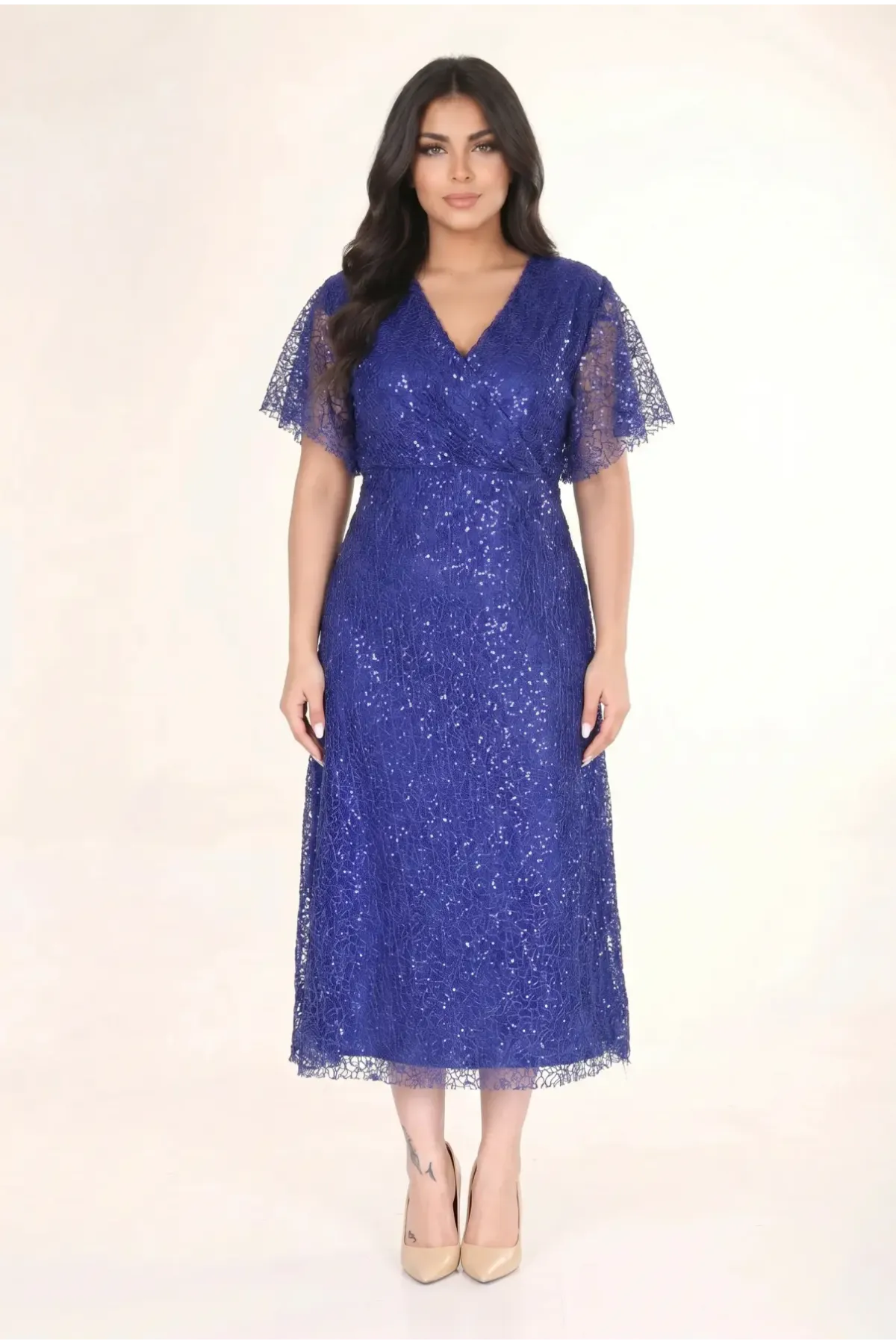 Kadın Saks Mavi Büyük Beden Kruvaze Yaka Payetli Abiye Elbise HZL26S-PR11171