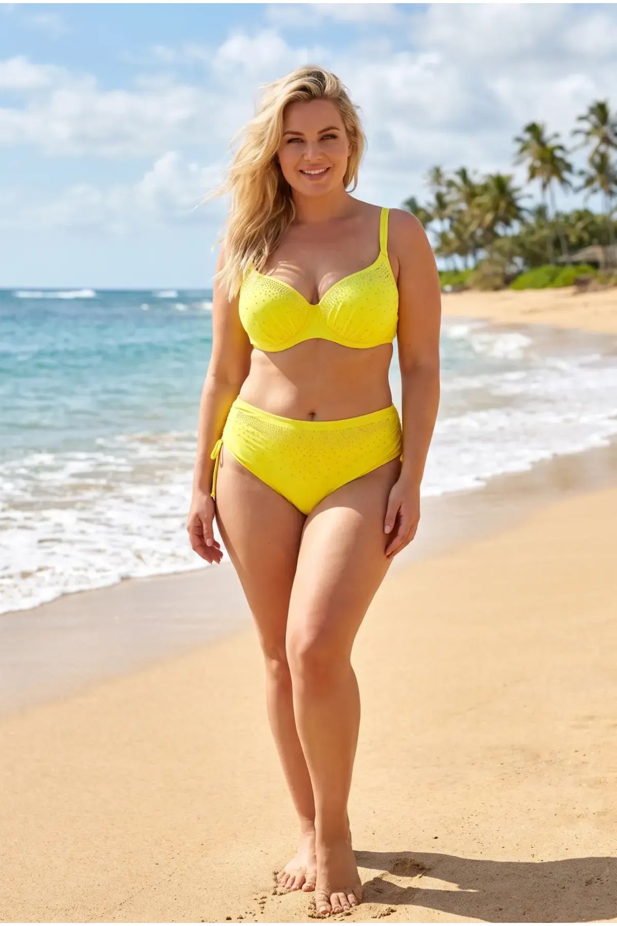 Kadın Sarı Büyük Beden Taş İşlemeli Astarlı Bikini Takım HZL25S-LC2099