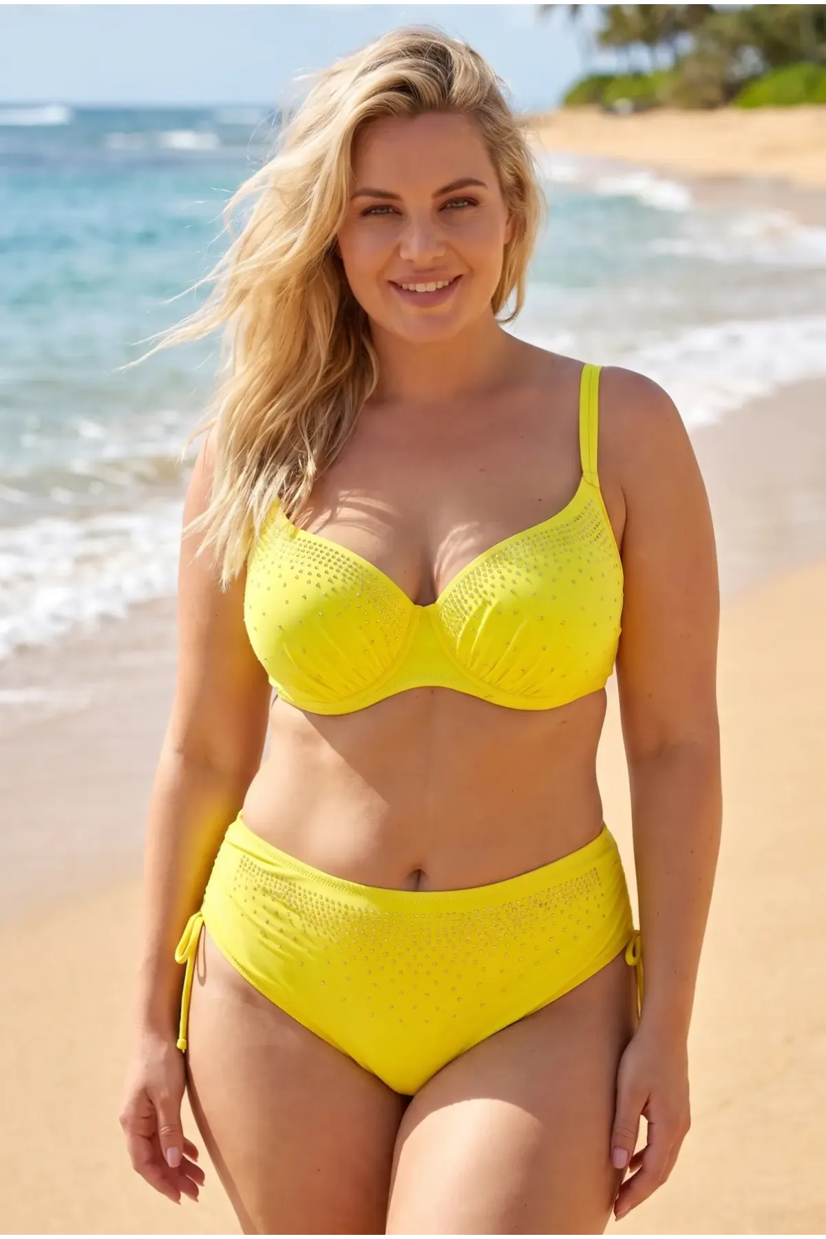 Kadın Sarı Büyük Beden Taş İşlemeli Astarlı Bikini Takım HZL25S-LC2099