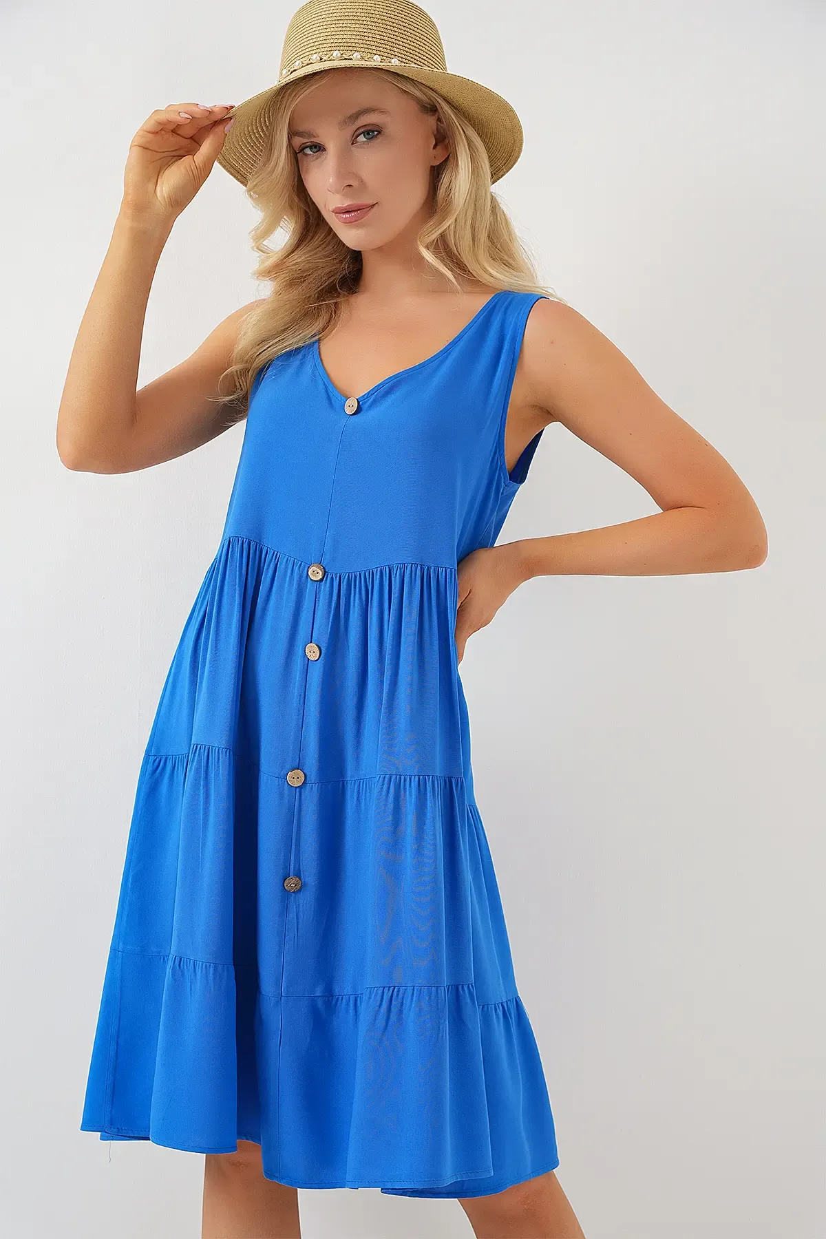 Kadın Sıfır Kol Düğmeli Kısa Elbise 2571 - Saks