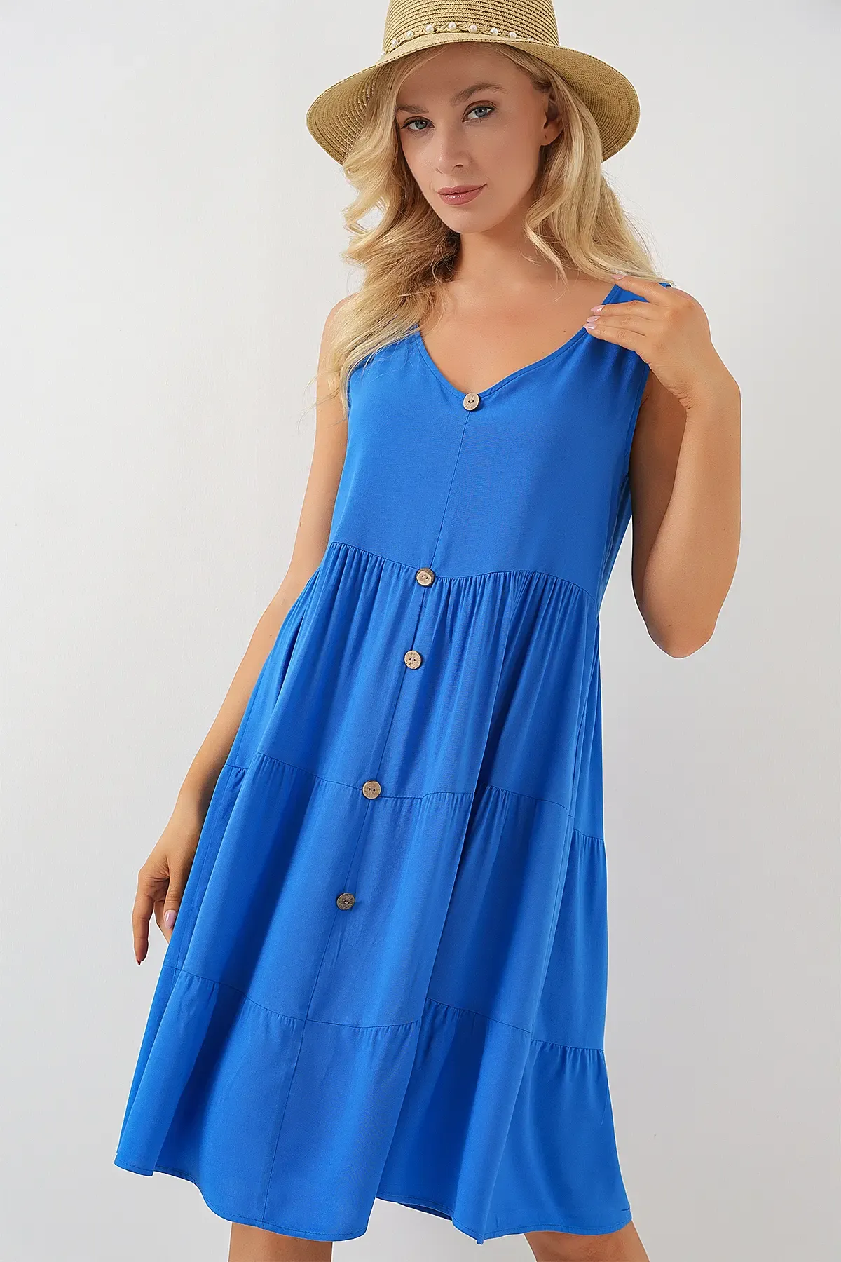 Kadın Sıfır Kol Düğmeli Kısa Elbise 2571 - Saks