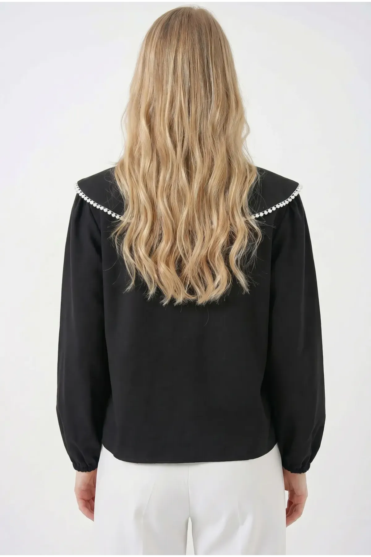 Kadın Siyah Bebe Yaka Düğmeli Şık Günlük Gömlek HZL26S-BD1203141