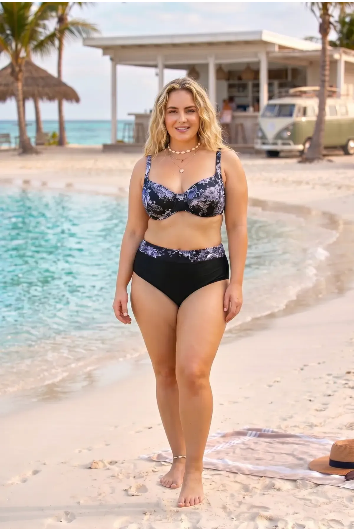 Kadın Siyah Büyük Beden Barok Desenli Yüksel Bel Toparlayıcı Bikini Takımı HZL26S-LC6138-2
