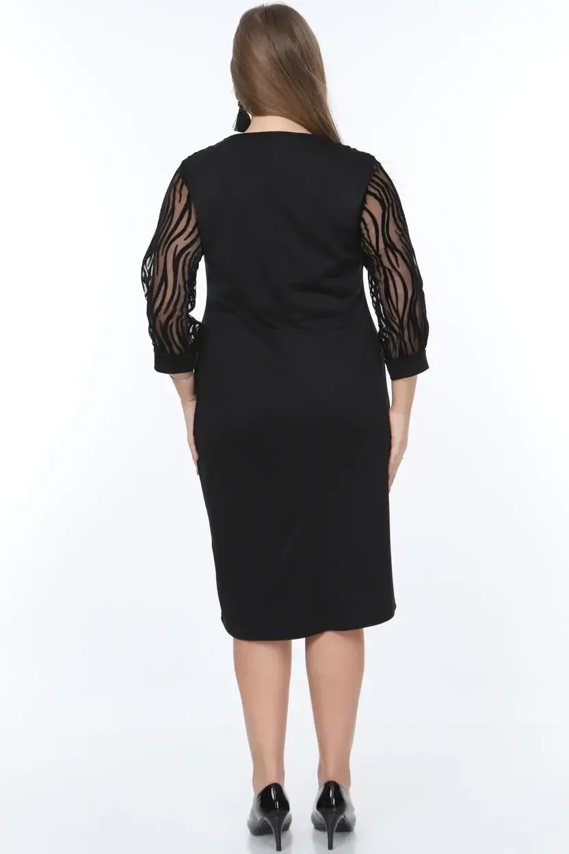 Kadın Siyah Büyük Beden Flok Kol Elbise HZL26S-PR11161