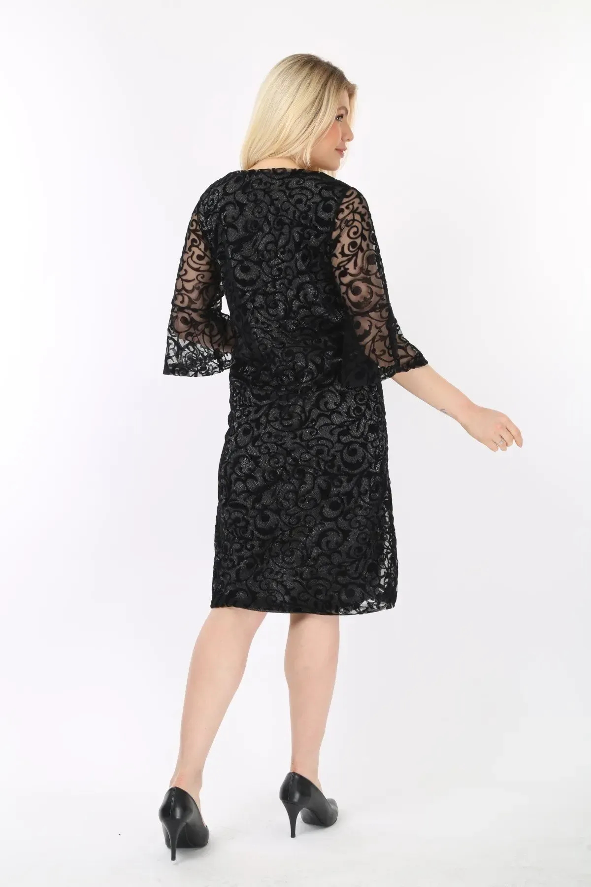 Kadın Siyah Büyük Beden İspanyol Kol Astarlı Transparan Dantel Şık Abiye Elbise HZL26S-PR11151