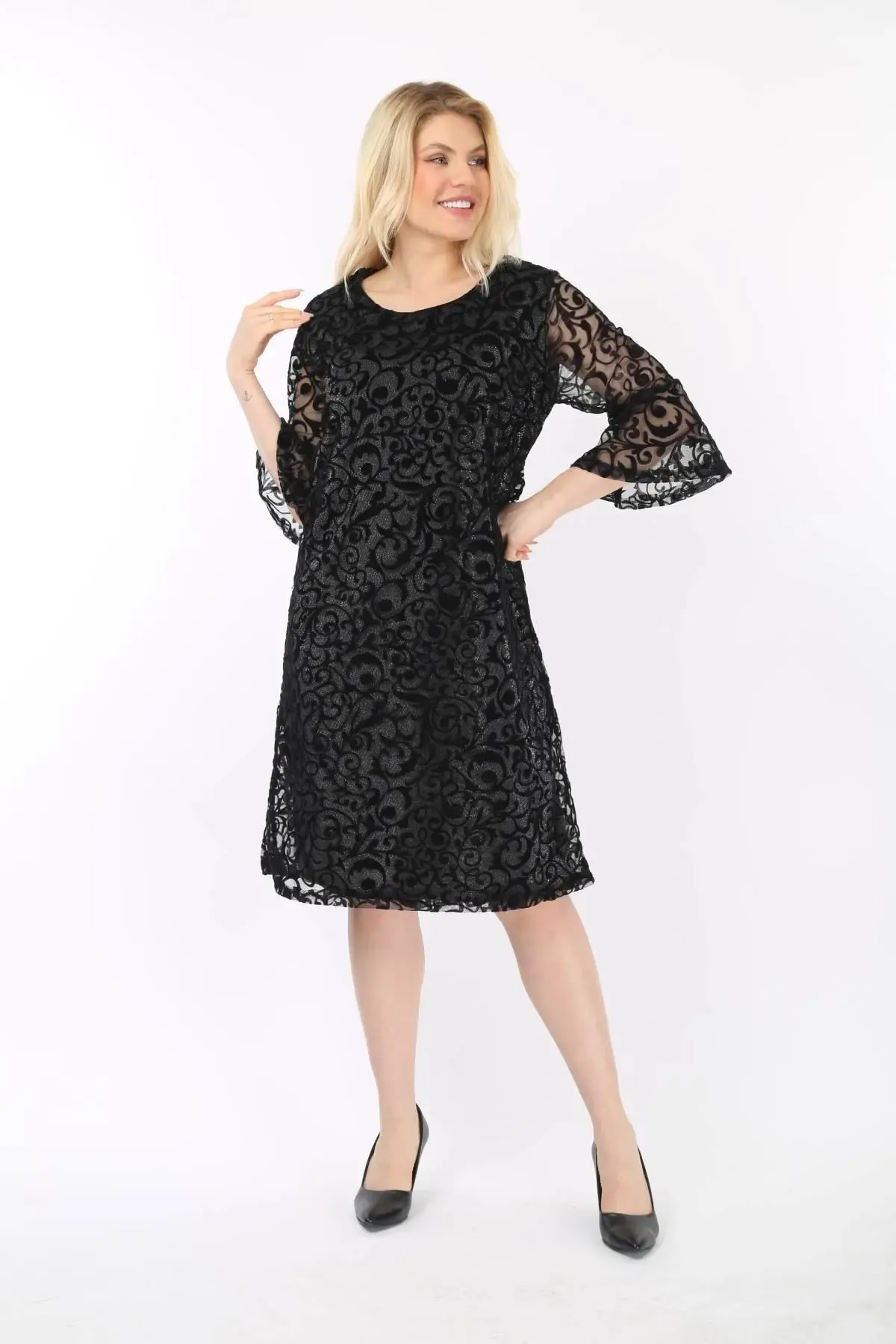 Kadın Siyah Büyük Beden İspanyol Kol Astarlı Transparan Dantel Şık Abiye Elbise HZL26S-PR11151