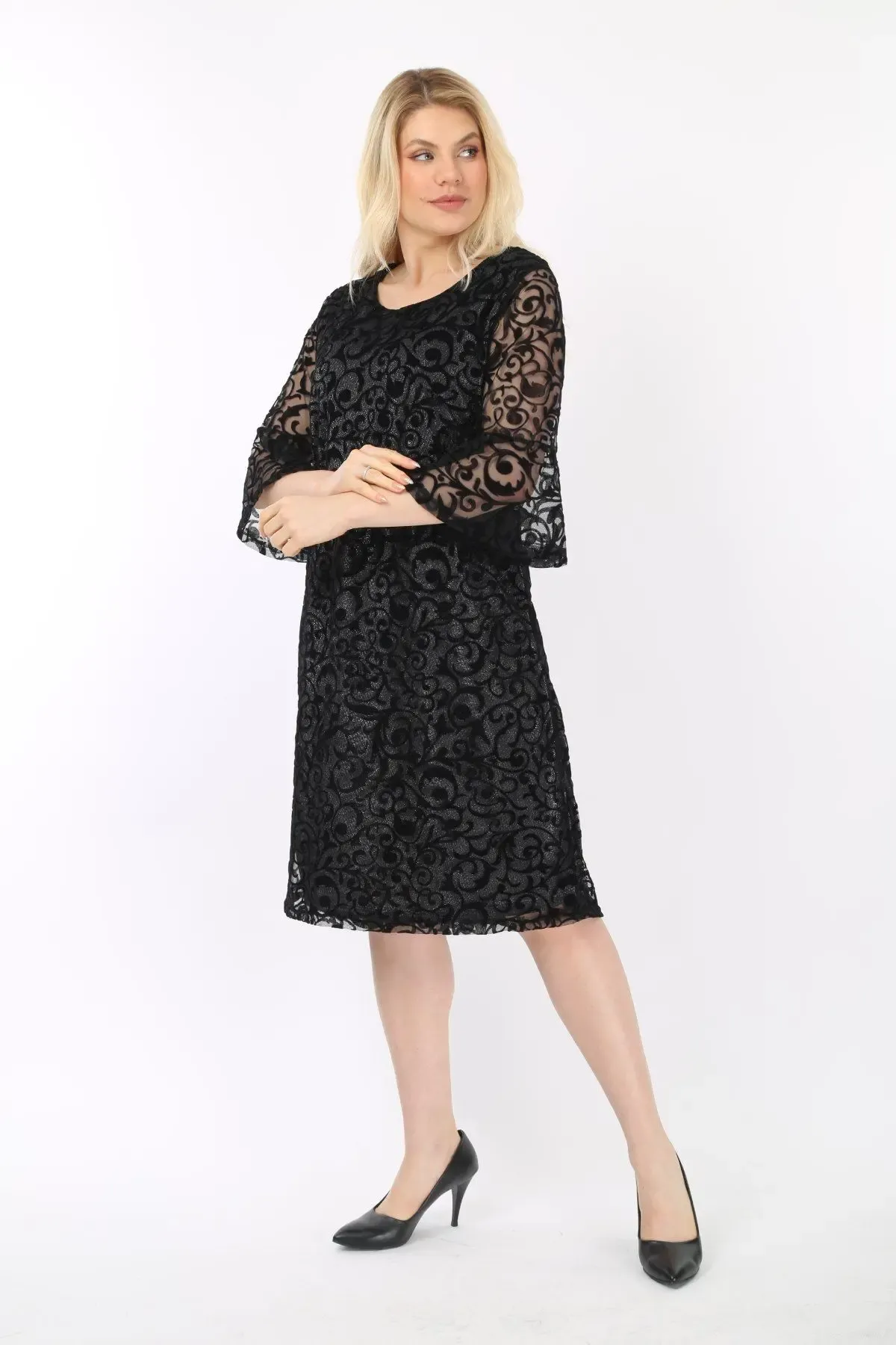 Kadın Siyah Büyük Beden İspanyol Kol Astarlı Transparan Dantel Şık Abiye Elbise HZL26S-PR11151