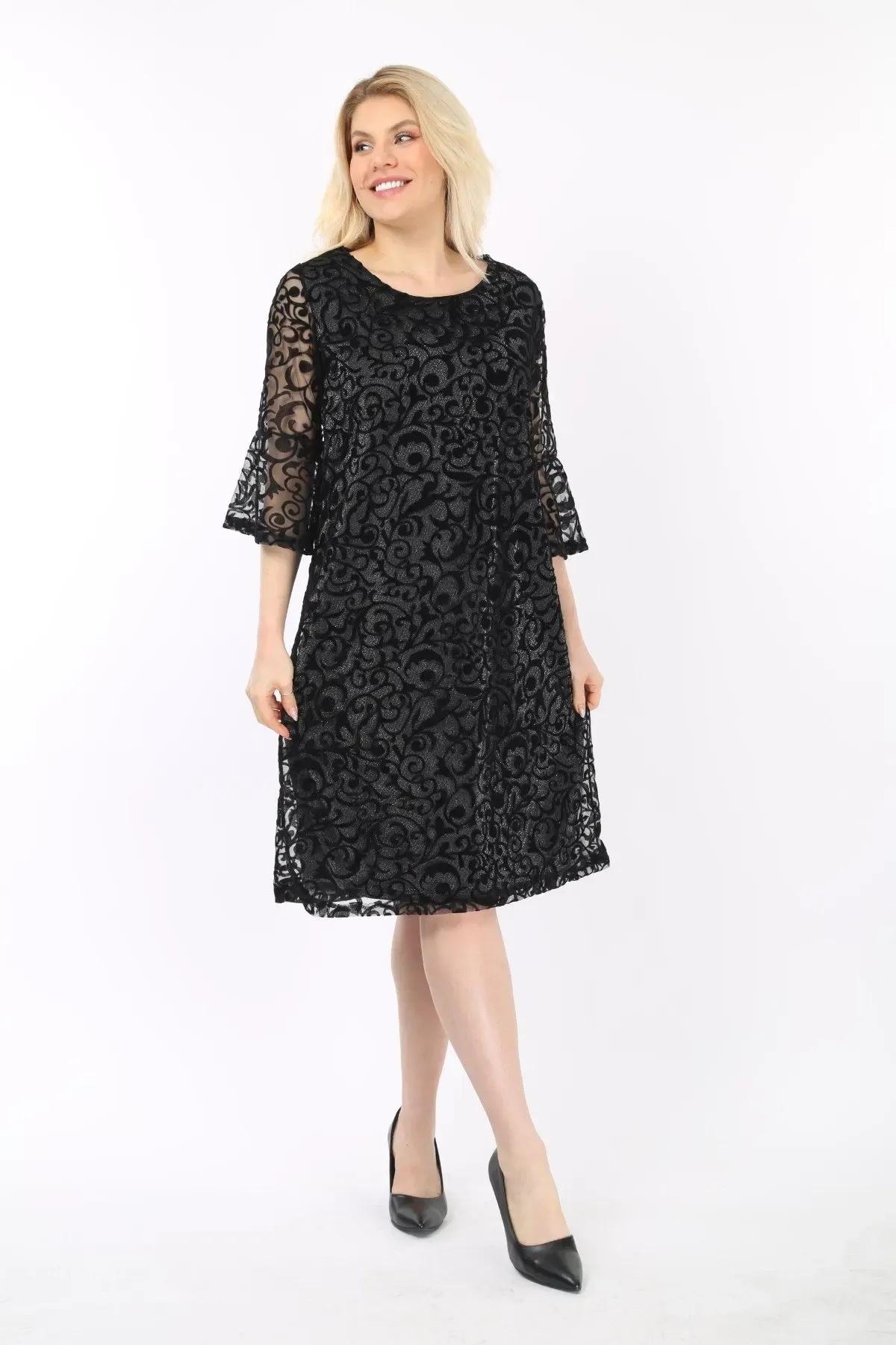 Kadın Siyah Büyük Beden İspanyol Kol Astarlı Transparan Dantel Şık Abiye Elbise HZL26S-PR11151