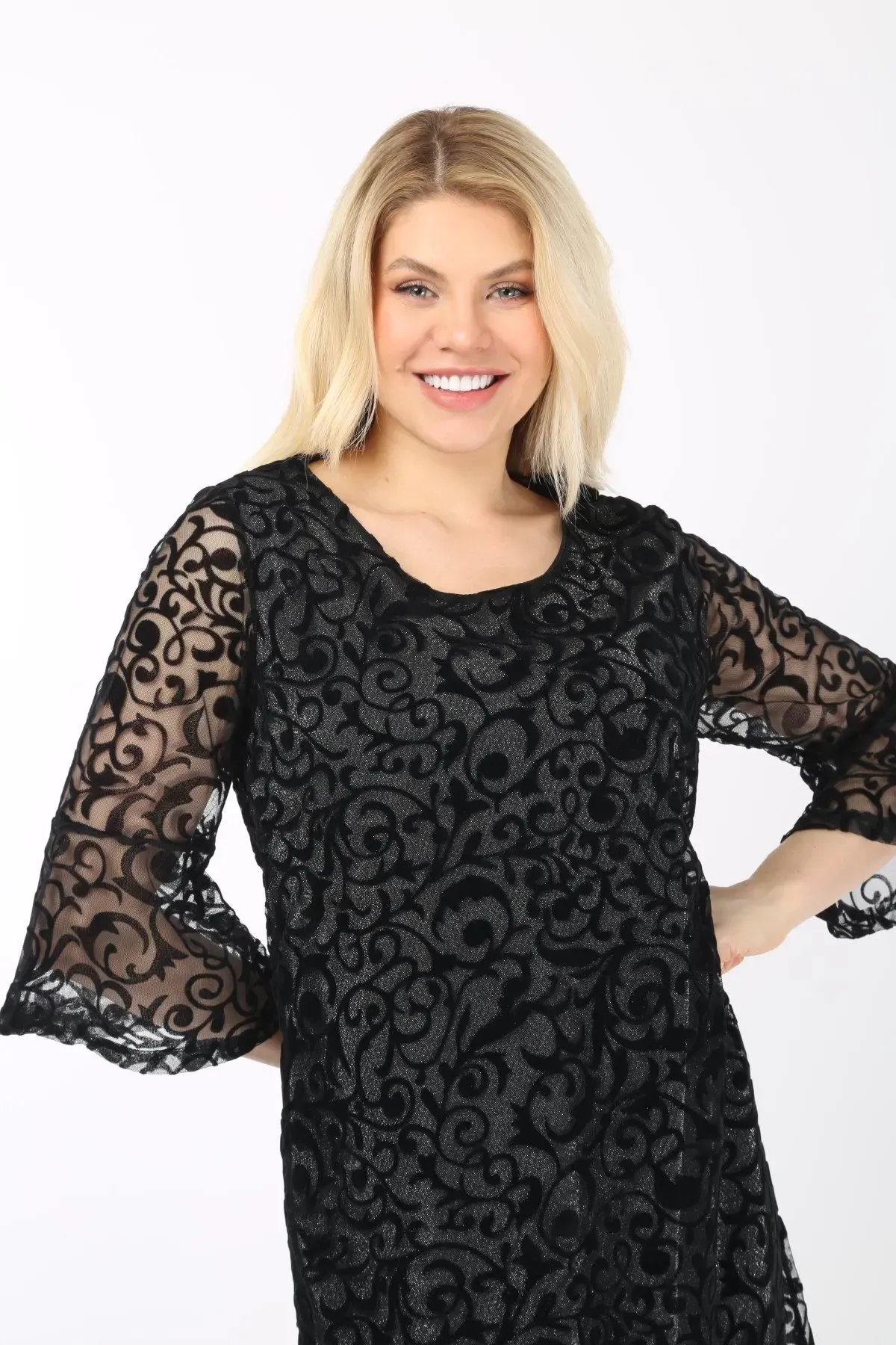 Kadın Siyah Büyük Beden İspanyol Kol Astarlı Transparan Dantel Şık Abiye Elbise HZL26S-PR11151