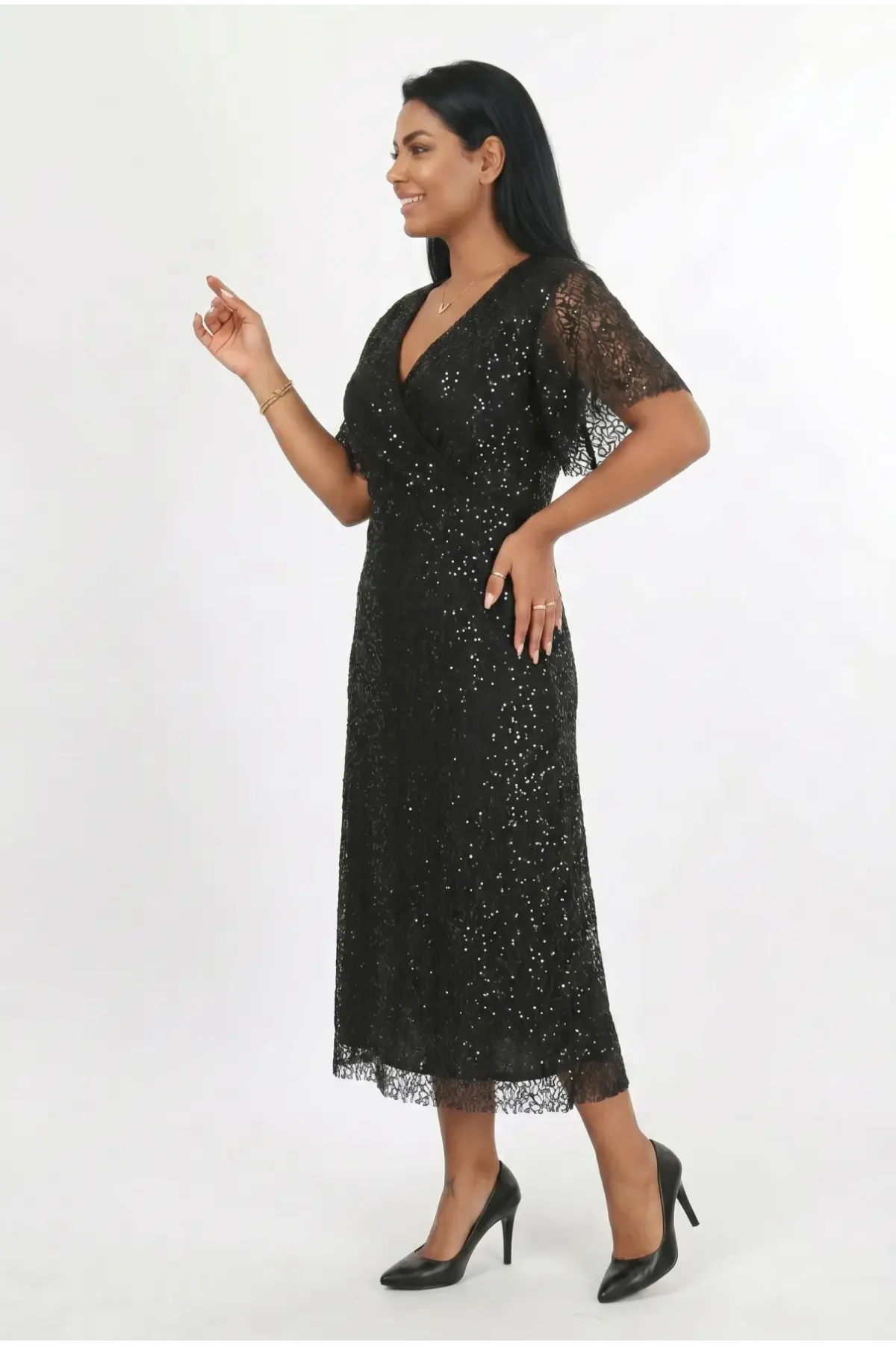 Kadın Siyah Büyük Beden Kruvaze Yaka Payetli Abiye Elbise HZL26S-PR11171